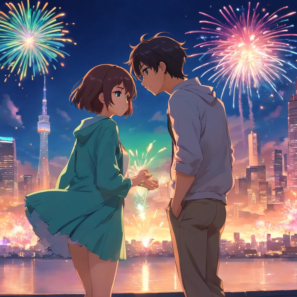 homem grande e mulher grande , primeira beijo, na cidade, with fireworks in the shape of a heart, neon, olhos azul e verde, cabelo ruivo e loiro, roupas lindas coloridas, neve, rio, lago , praia,