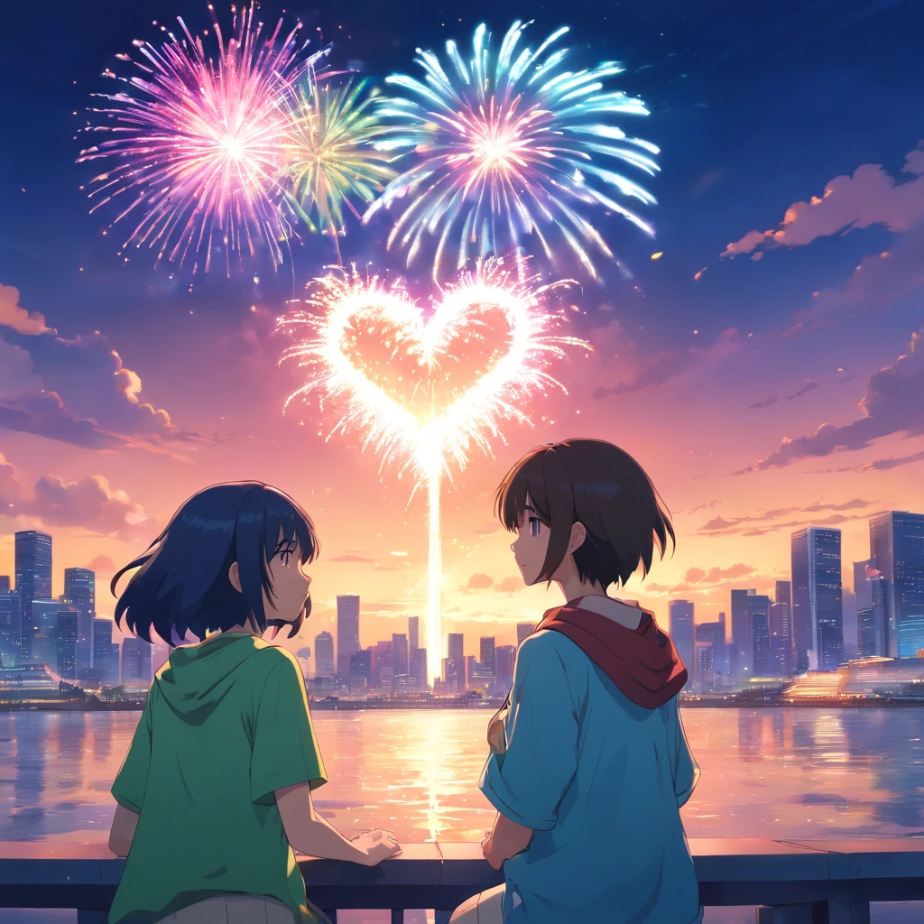 homem grande e mulher grande , primeira beijo, na cidade, with fireworks in the shape of a heart, neon, olhos azul e verde, cabelo ruivo e loiro, roupas lindas coloridas, neve, rio, lago , praia,