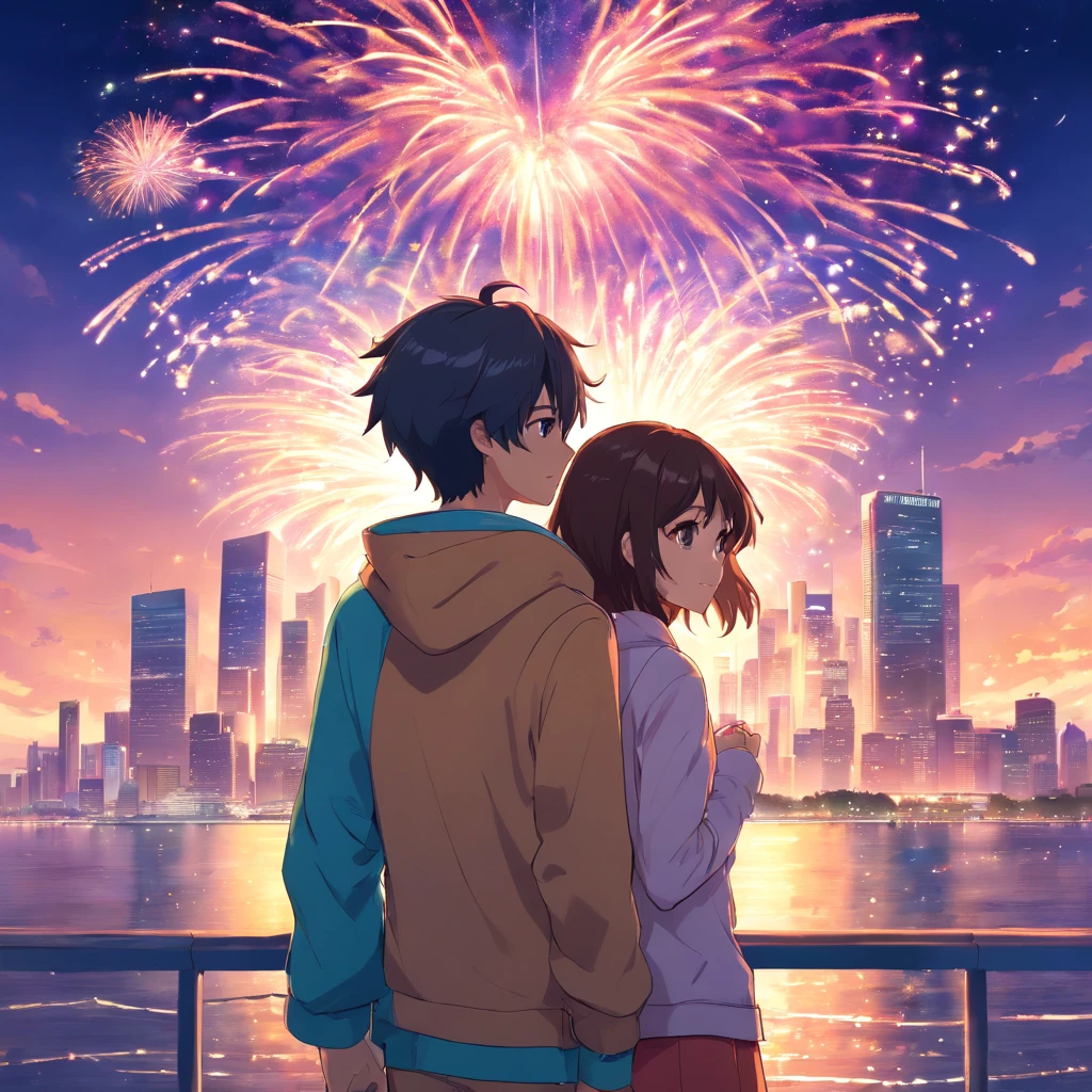 homem grande e mulher grande , primeira beijo, na cidade, with fireworks in the shape of a heart, neon, olhos azul e verde, cabelo ruivo e loiro, roupas lindas coloridas, neve, rio, lago , praia,