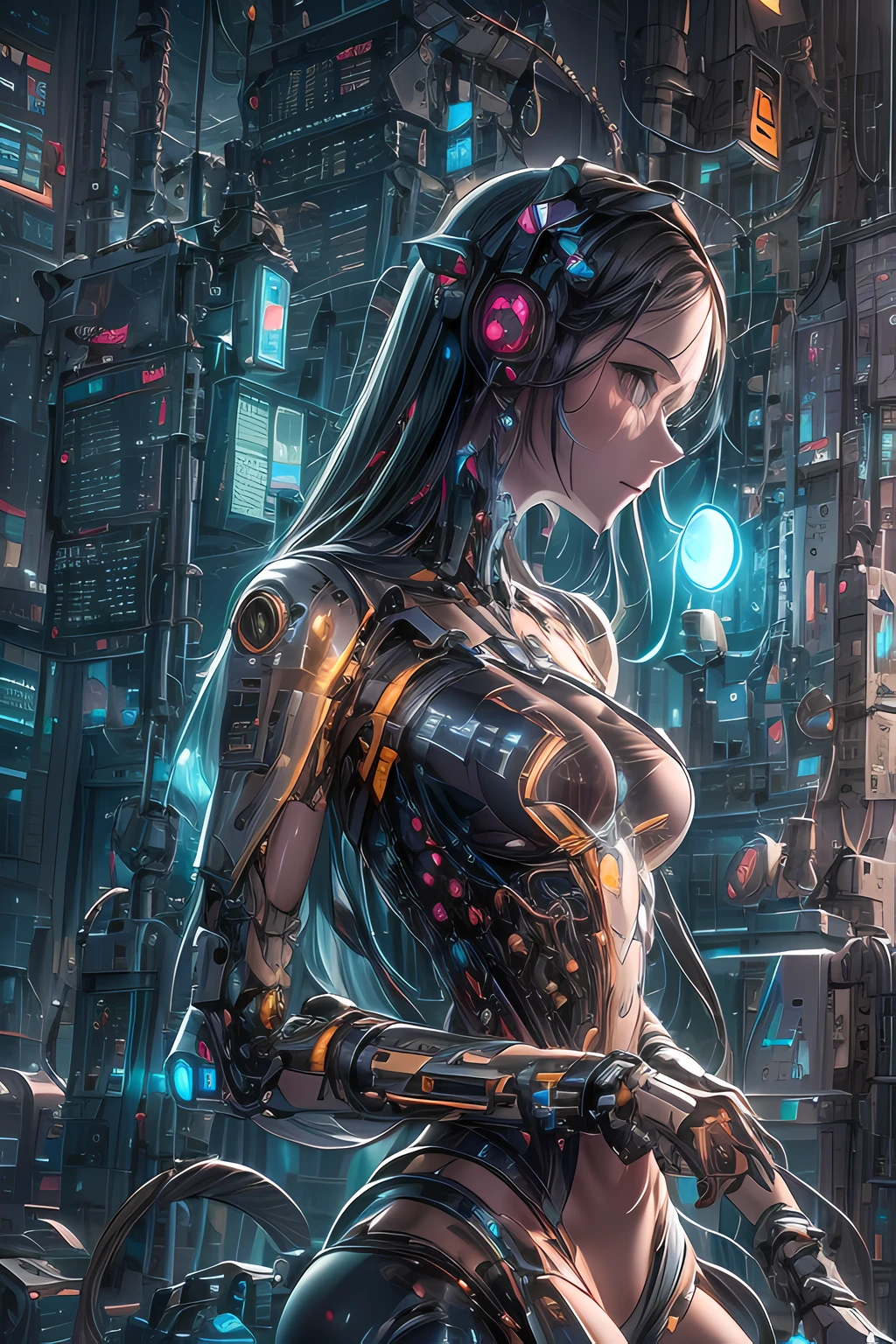 Craft an awe-inspiring digital art piece showcasing a biomechanic woman at the peak of sophistication and technology. Envisage her body fashioned from dark tungsten plates and transparent sections revealing a mesmerizing array of intricate metal and internal bioluminescent lights. Focus on the complexity of her mechanical arms and detailed E-circuit. Situate this sci-fi marvel within a cyberpunk city, highlighting the fusion of glass, technology, and the essence of futurism