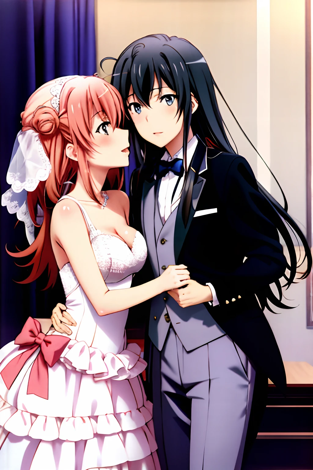 Best Quality,A highly detailed,portrait,anime,soft colors,yukinoshita yukino in a tuxedo marriage her wife yuigahama yui in wedding Dress, yuri, 2girls, yukinoshita kissing Yuigahama's breast