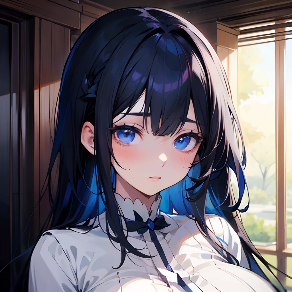 anime girl with long black hair and blue eyes in a white shirt, anime moe artstyle, detailed digital anime art, hestia, detailed portrait of anime girl, beautiful anime portrait, portrait of an anime girl, anime style portrait, anime style 4 k, portrait anime girl, anime girl portrait, detailed anime character art, digital anime art, smooth anime cg art