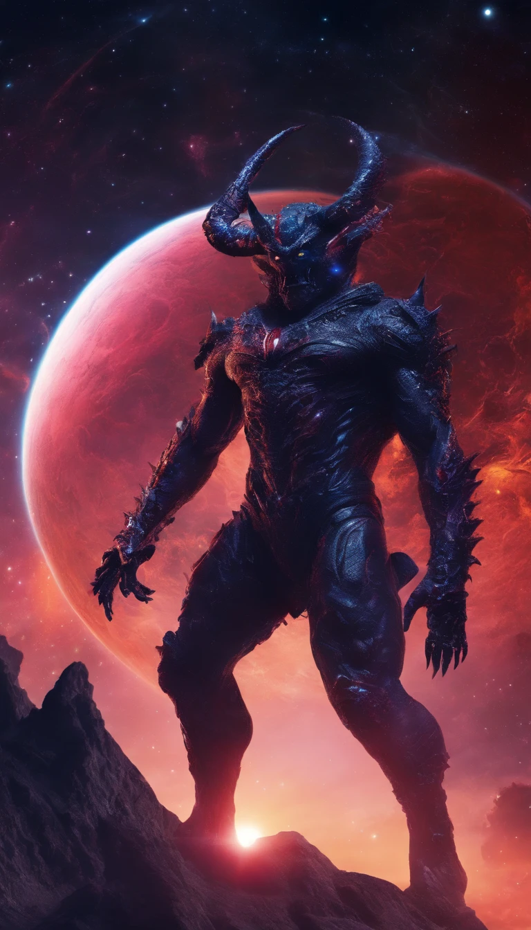 Universe, the demon man who destroys planets, pose sitting on planet earth, best quality, 4K quality