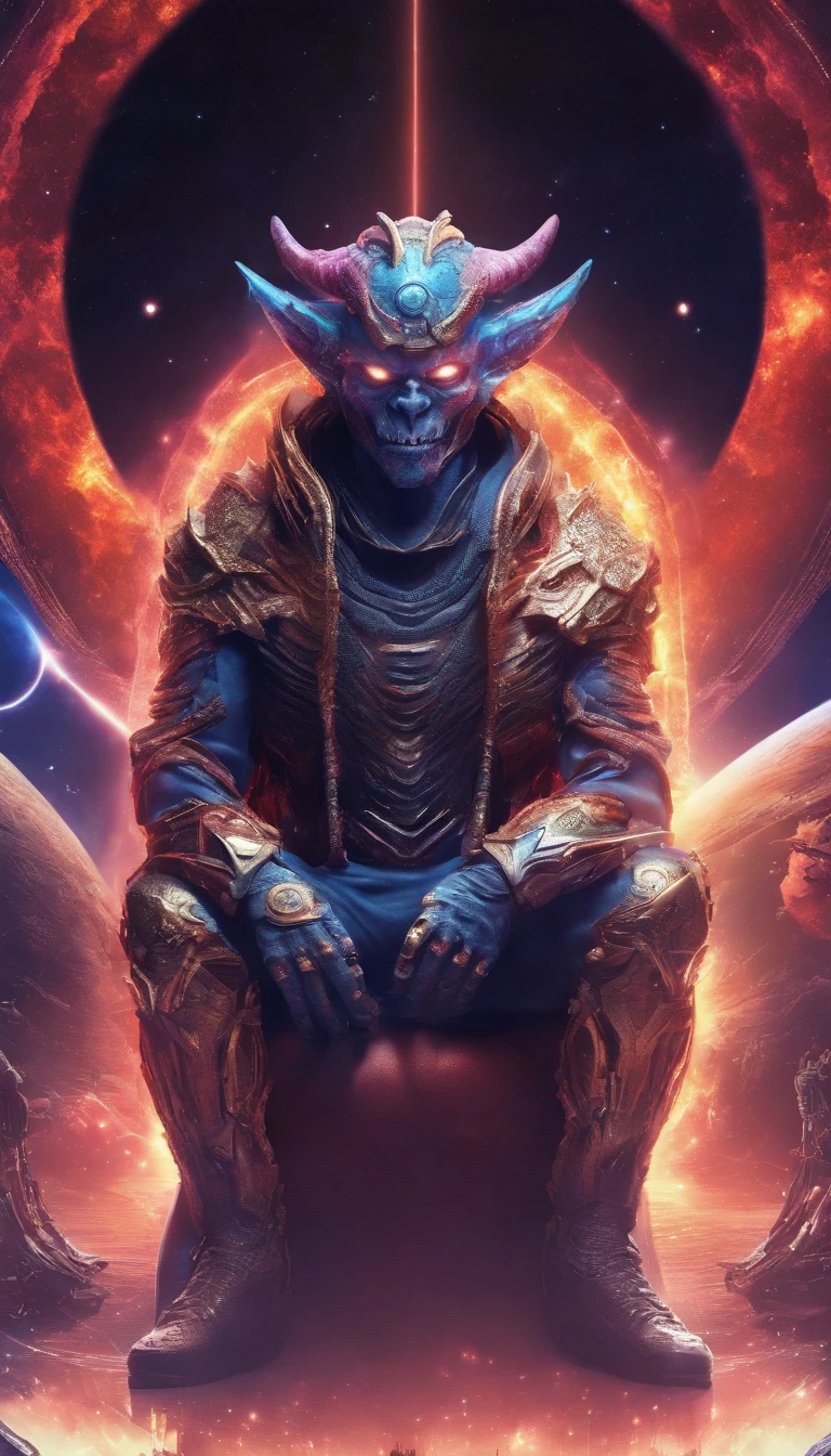 Universe, the demon man who destroys planets, pose sitting on planet earth, best quality, 4K quality