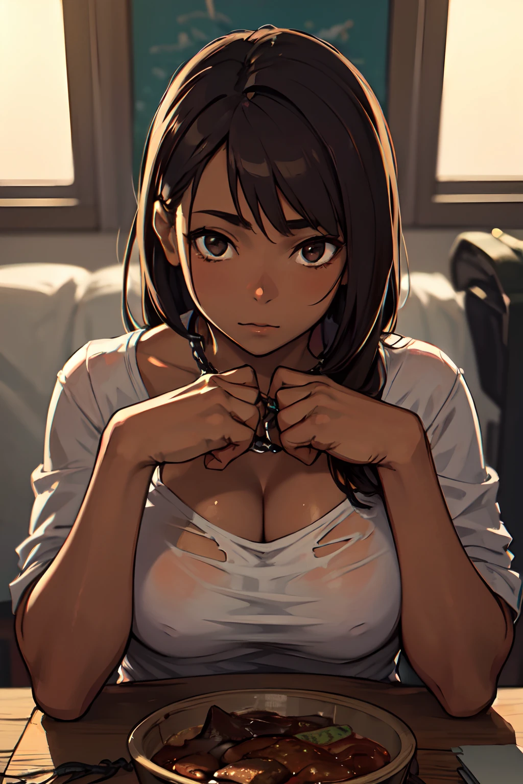 r, sexy, brown skin, Old ripped clothes, chained hands, realistic, photorealistic, (8k, RAW photo, best quality, masterpiece:1. 2), (realistic, photo-realistic:1. 37) ultra-detailed, vivid colors, studio lighting