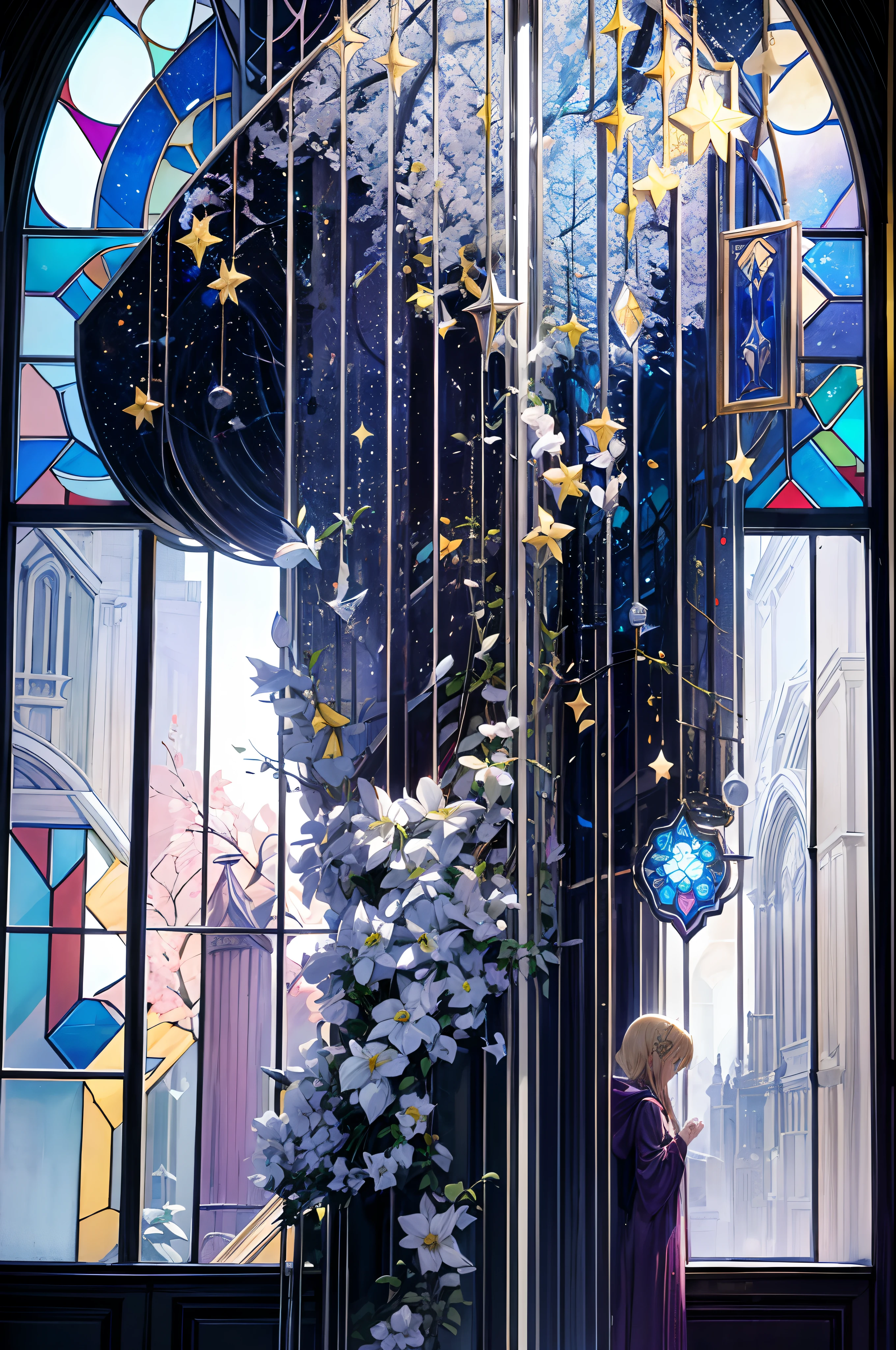 One girl, medium hair, blonde hair, lots of earrings, long hooded knit cardigan, dimly lit church, beautiful large stained glass windows, star shaped stained glass, super high quality, super fine detail, super detailed background, more_details:-1, more_details:0, more_details:0.5, more_details:1, more_details:1.5, mirrornun, 、, mirrornun