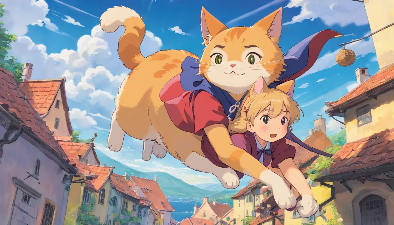 fantasy painting,Witch's Delivery Service,Girl Flying in the Sky,((Hugging a cute big fat cat)),Ghibli style,Residential areas in Croatia