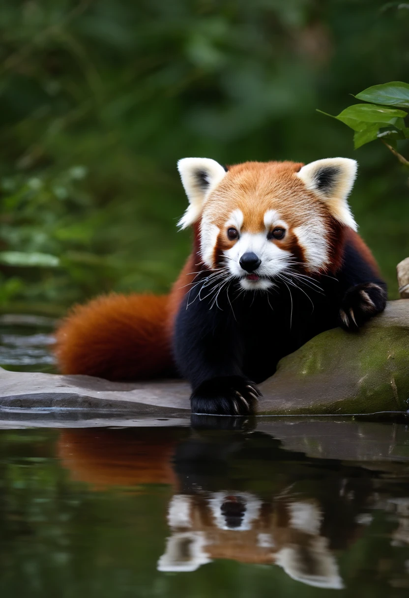 lesser panda,Photoreal,Red Panda Who Is,Red panda drinking water,alert、4K