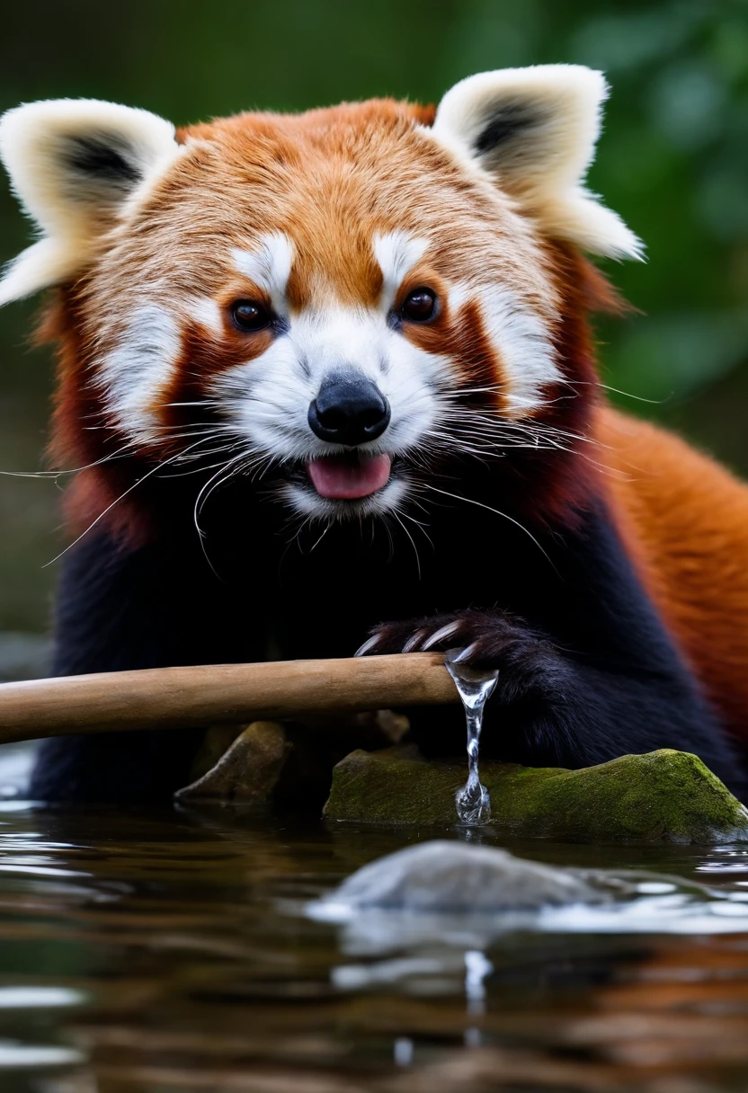 lesser panda,Photoreal,Red Panda Who Is,Red panda drinking water,alert、4K