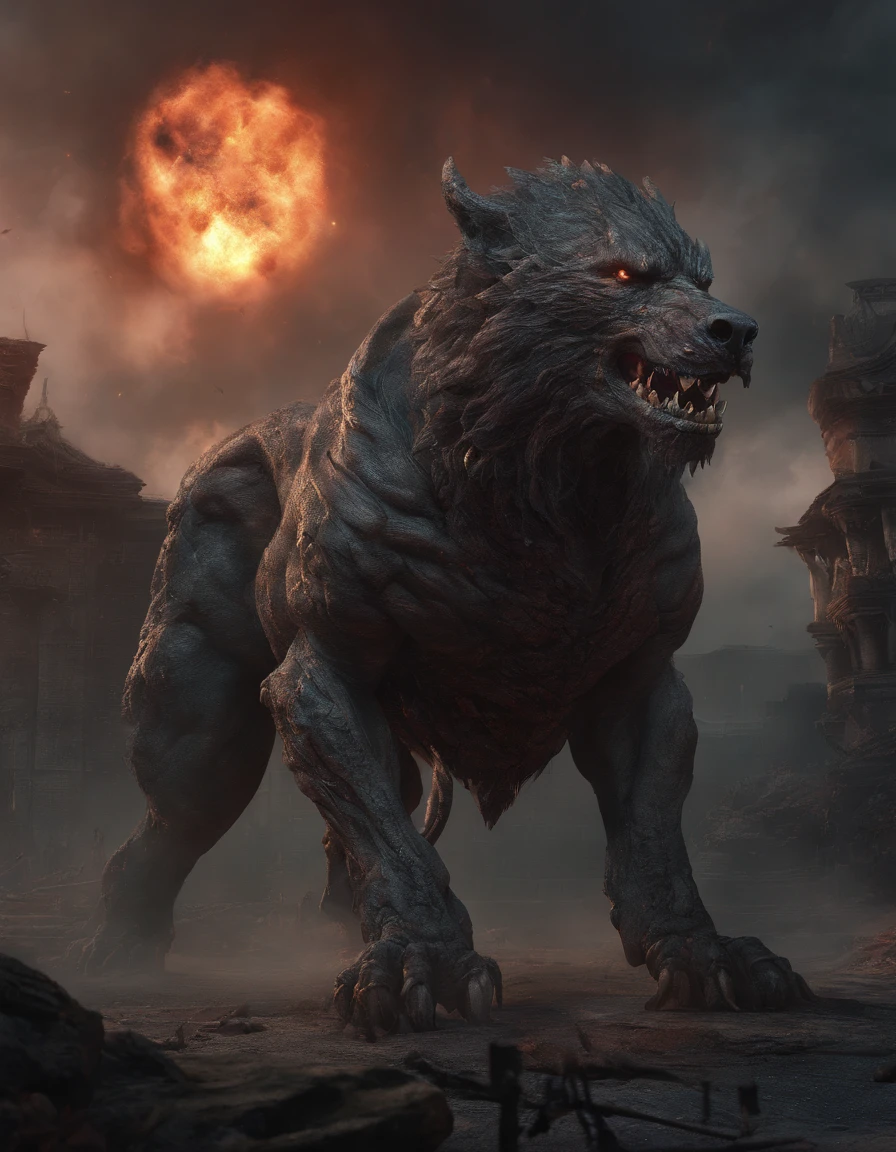 Strange beasts in a fantasy world,Blood,Giant hellhound covered in flames,Stout limbs,Strong muscles,Moon Night,中景 the scene is,Full body like, highly detailed surreal vfx,oc rendered,Shot with 70 mm - AR 16:9 --q 2 --s 1000