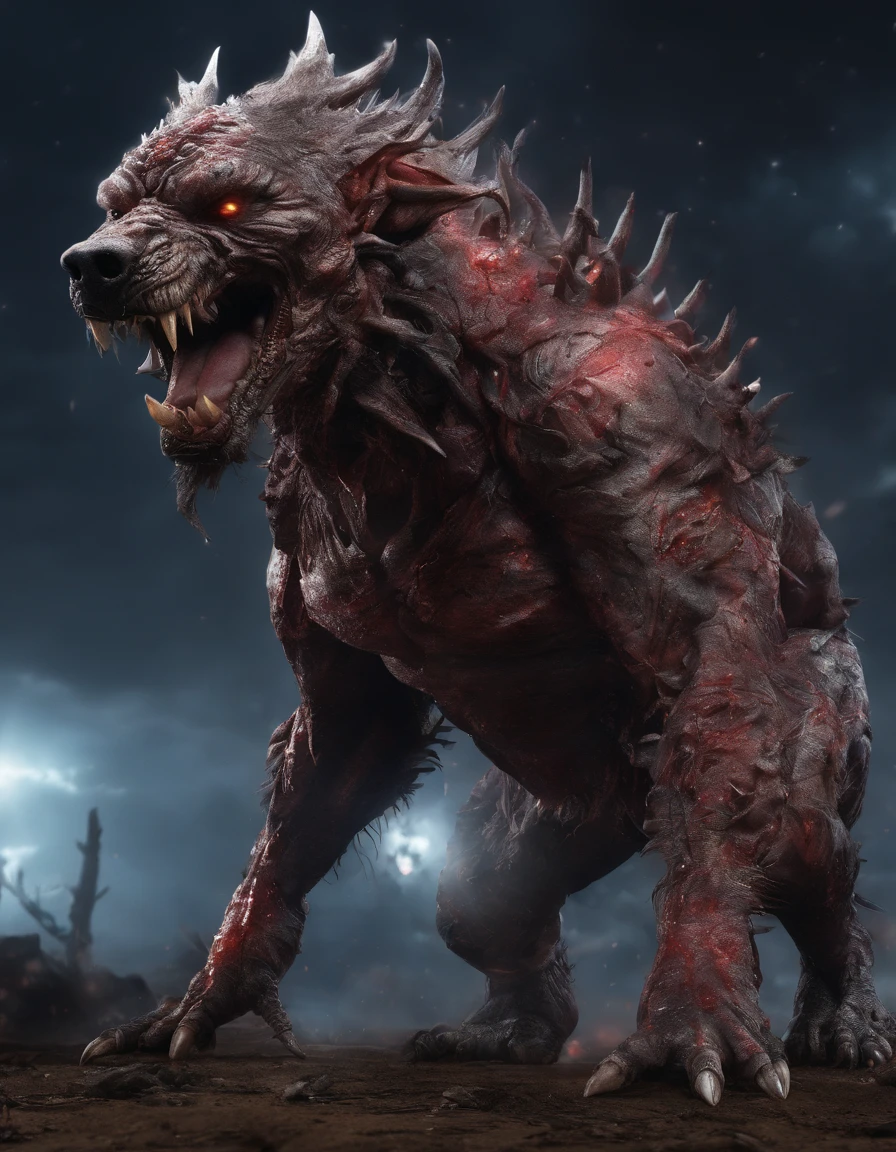 Strange beasts in a fantasy world，Blood，Giant hellhound covered in flames，Stout limbs，Strong muscles，Moon Night，中景 the scene is，Full body like， highly detailed surreal vfx，oc rendered，Shot with 70 mm - AR 16:9 --q 2 --s 1000
