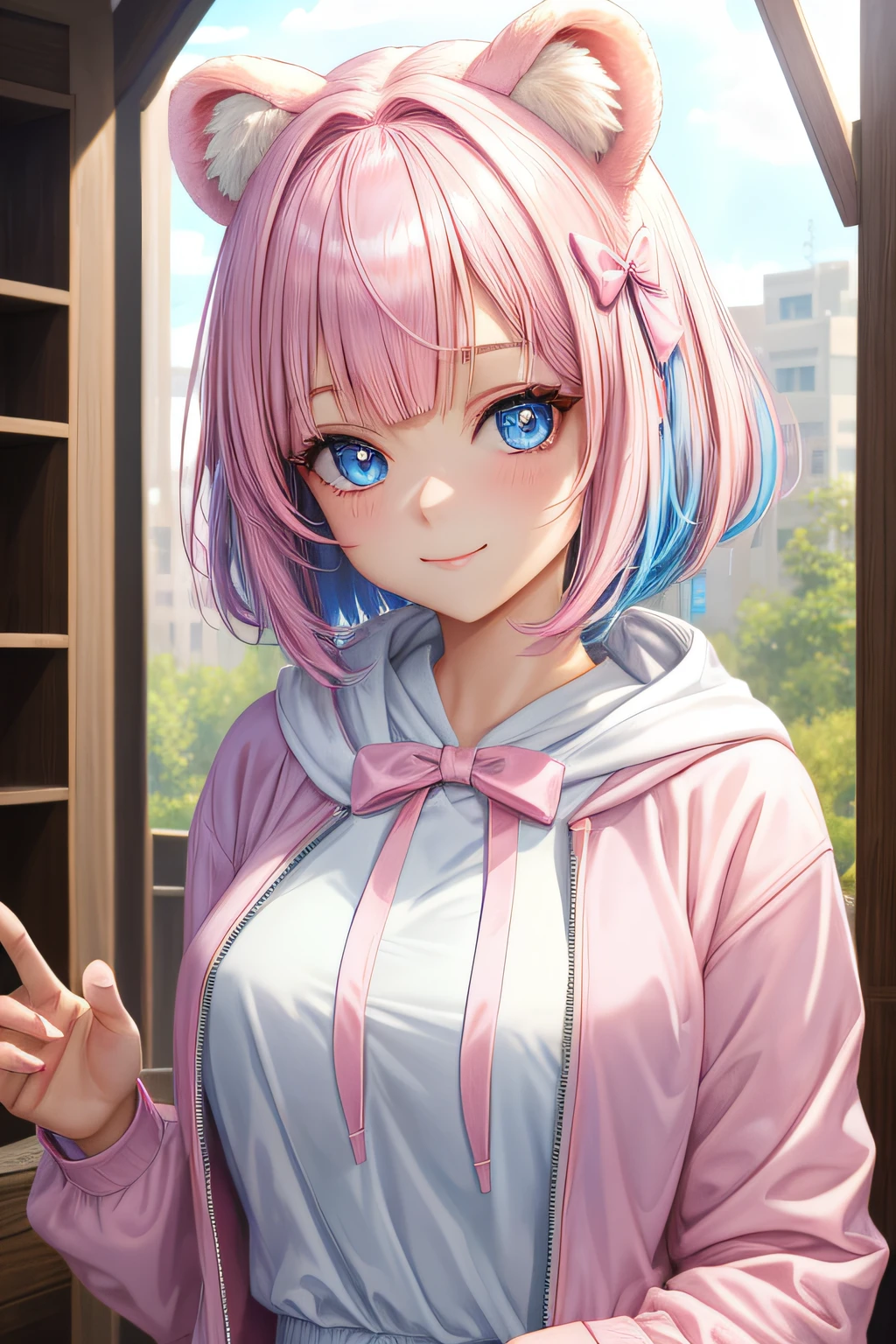 ​master piece, Best Quality, High resolution, Ultra-detailed, 1girl in, Late teens, Pink hair and pale blue eyes, (White hoodie), Fluffy animal ears,  Bangs, Short hair, Bow, Hair Bow, pink bows, A smile, Brown bear ears, bob cuts, tits out, Portrait, upward-eyed, livingroom, Pale blue hair and pink eyes,