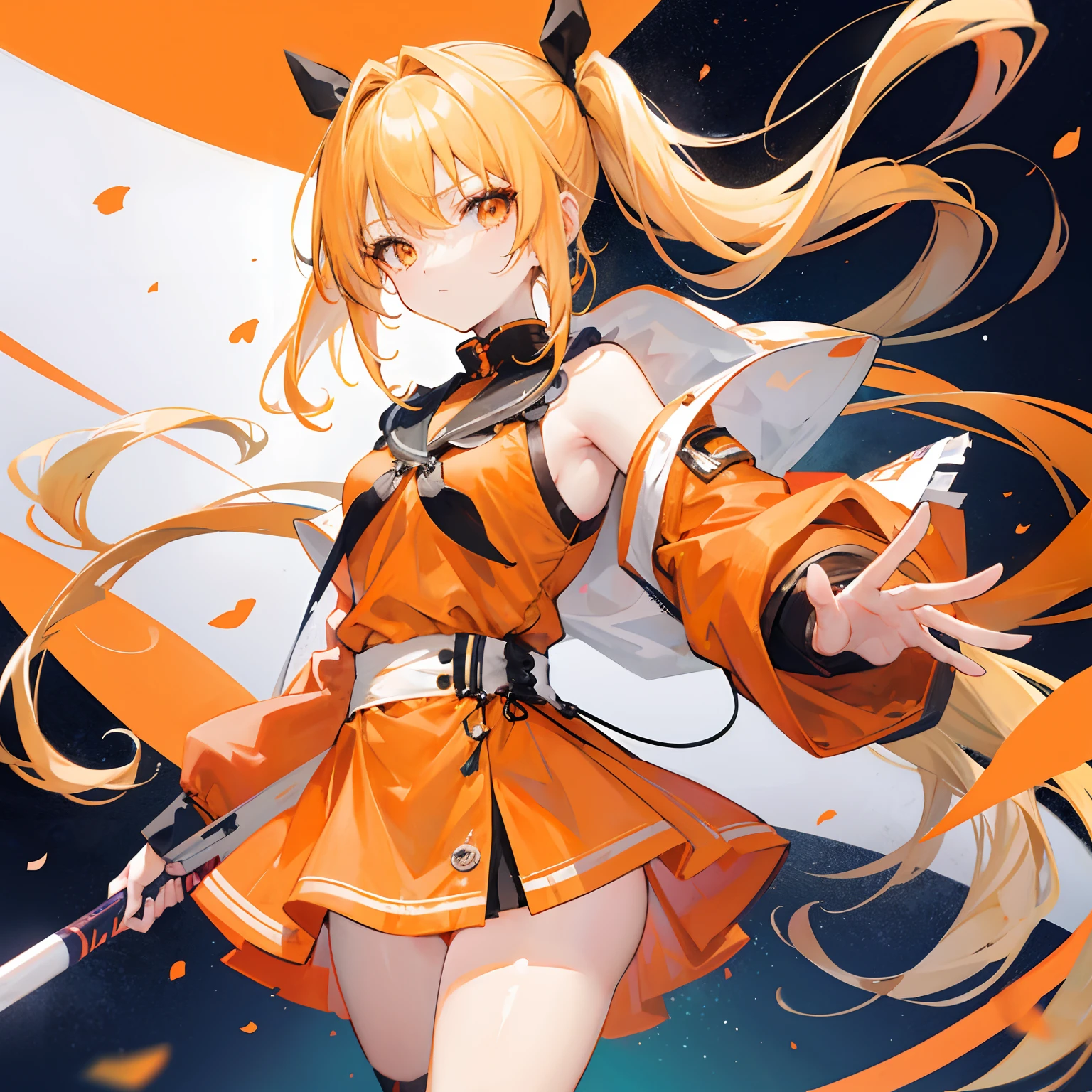 anime girl,long blonde hair styled into pony tails,orange eyes,wearing orange j-pop idol dress