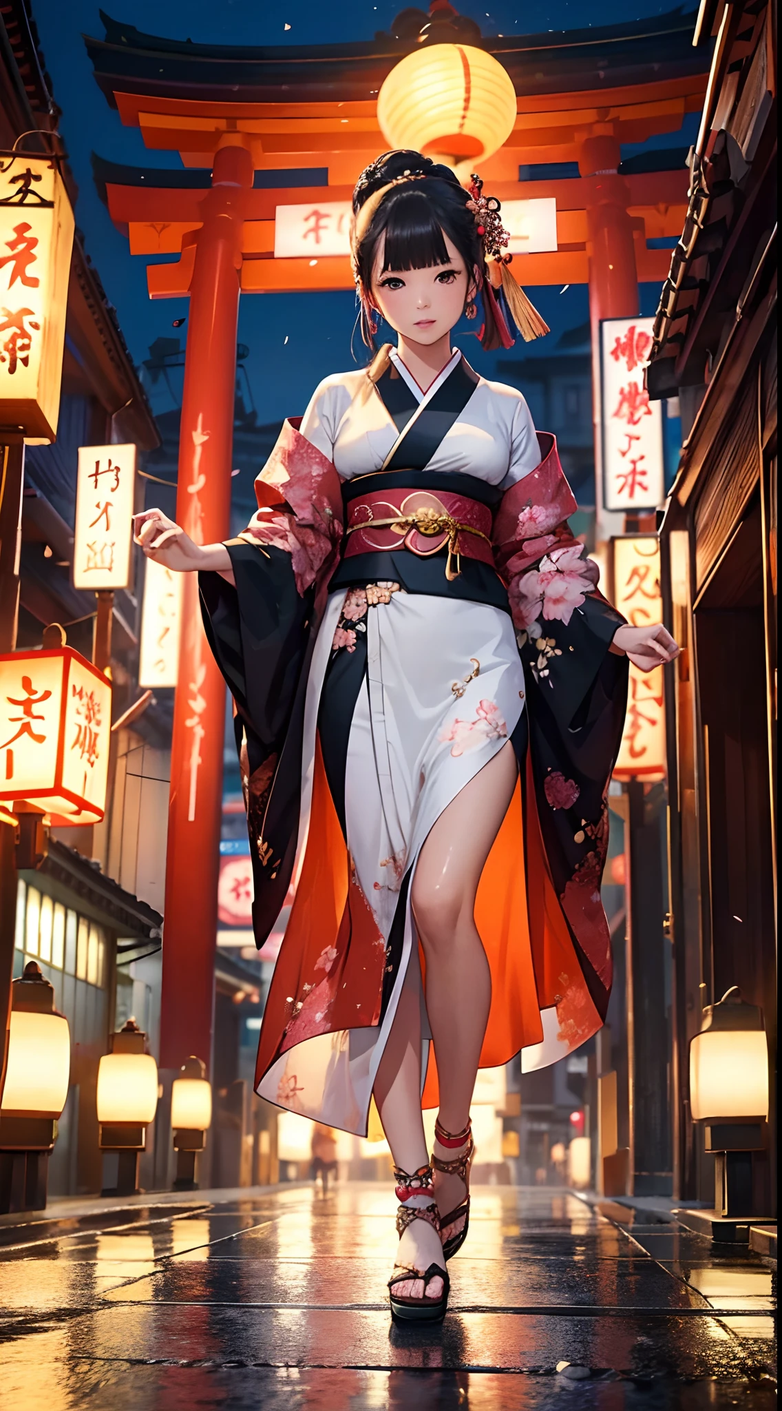 An elegantly dressed girl in the middle of the street,Japanese traditional architecture,shimmering neon lights,bustling crowd of people,brightly lit signs,capturing the vibrant energy of the city,reflections on wet pavement,beautifully adorned kimono,ornate obi belt,elaborate hair accessories,gently falling cherry blossom petals,traditional wooden geta sandals,futuristic blending with traditional culture,glowing lanterns illuminating the street,majestic torii gates,intertwining modern and traditional elements,impressive architectural details,lively atmosphere,meticulously detailed lace patterns,intricate embroidery on the kimono,fine folds and draping of the fabric,rich and vibrant colors,(best quality, 4k, 8k, highres, masterpiece:1.2),ultra-detailed,(realistic, photorealistic, photo-realistic:1.37),HDR,UHD,professional, vivid colors.