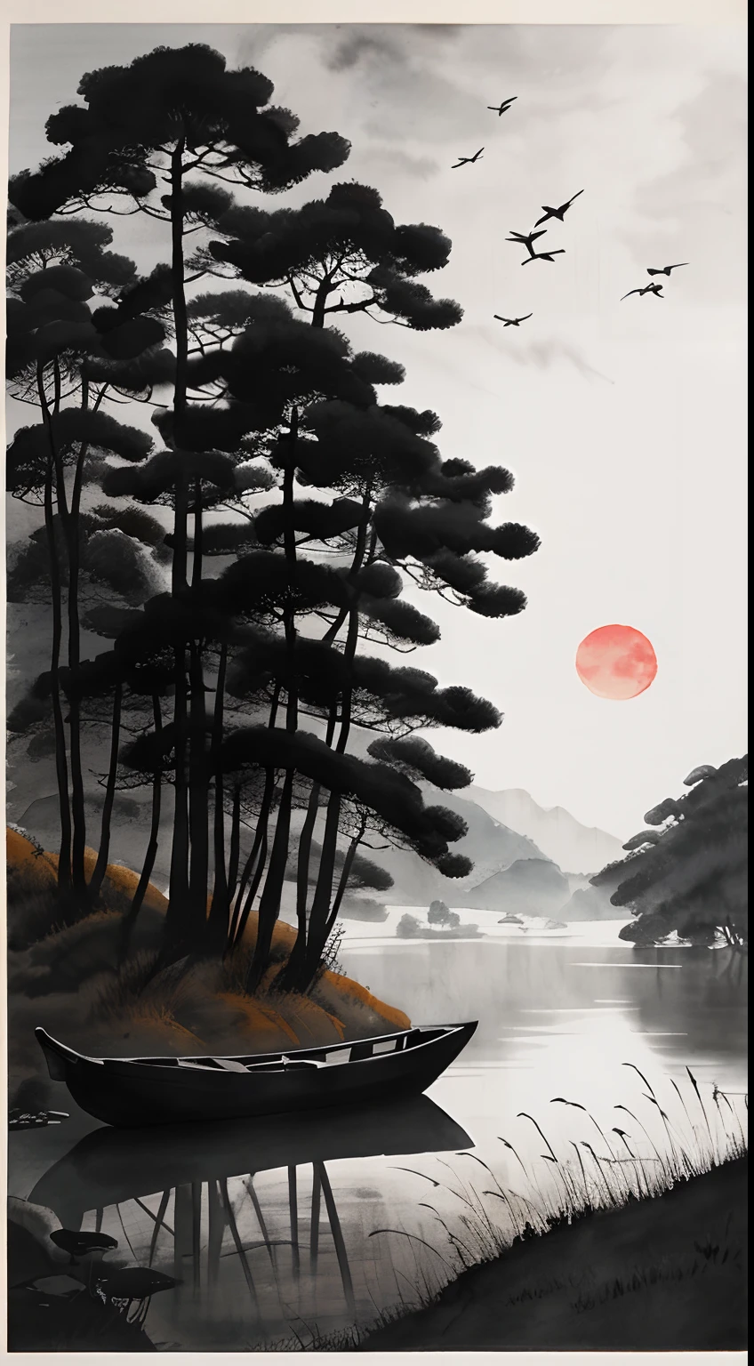 ink and watercolor painting,Draw on rice paper,Use thick, Light ink to create shading variations and layers,Choose the right ink color,Such as deep black、Thick gray、Light coffee, etc,Express different situations and atmospheres,Control the gradient and transition of ink color by the humidity and consistency of the ink,mont,Eau,the trees,Snowflakes flying in the sky,Lake surface,Small broken boat,fisherman,Bleak, Desolate, We have,A huge full moon rises over the horizon,eventide,wide wide shot,Cool moonlight,Black and white tones,The background is a snowy scene,There are dead trees on both sides of the picture, Traditional Chinese Ink Painting, Traditional Chinese art, author:Guo Xi, author:Ma Yuanyu, Traditional Chinese painting, author:Xu Xi, author:Luo Mu, author:Yang Buzhi, author:Li Kelan, author:Gu An, Ink painting ) ) ) ), Chinese ink painting, Chinese painting style