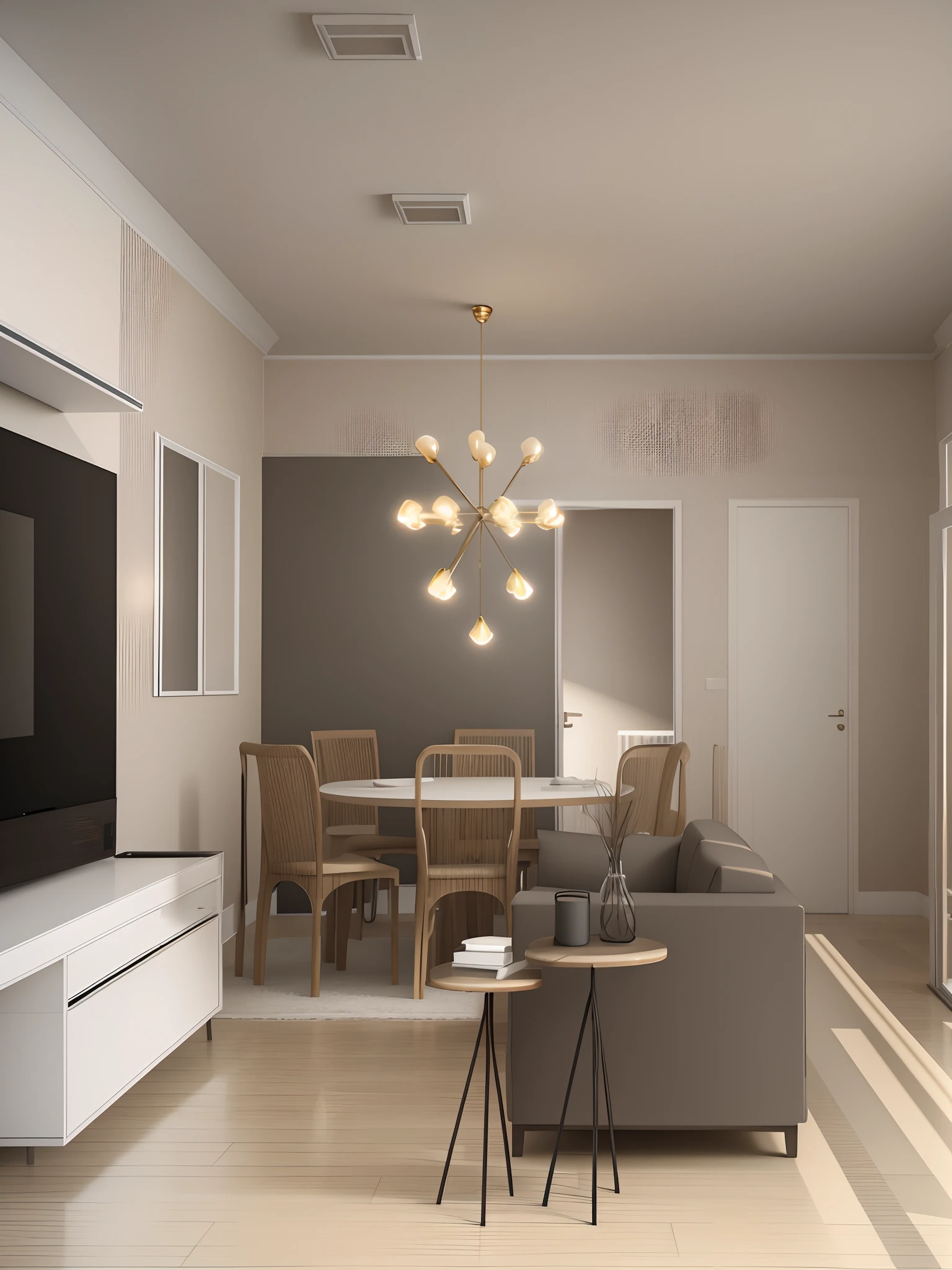 a representation of a living room with a dining table and a television, quadros nas paredes, sem janelas, carpet on the ground, painel mdf, papel de parede, portas ao fundo, Piso transparente, 2 d render, sem janelas, quadros nas paredes, Ceiling lighting, lustre aceso, luzes acesas, tons claros, sala de estar interior, 3D-rendering, 3D rendering, Apartamento com paredes pretas, design de apartamentos, Renderizando no Enscape, in style of 3d render, enscape render, comprehensive 2 d render, interior de uma sala de estar, 3D-rendering, 3D-rendering