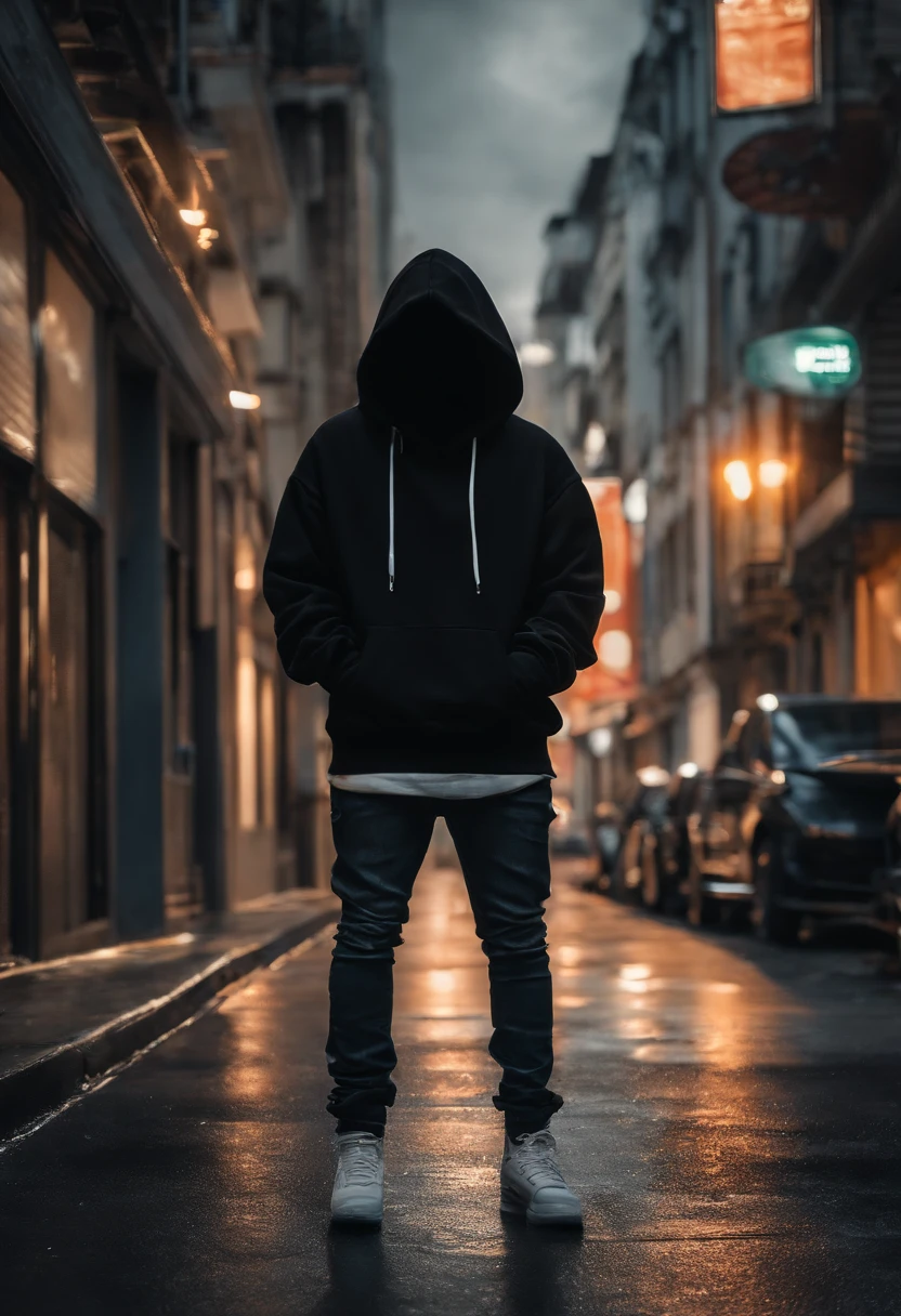 Personagem negro de 15 anos, com cabelo preto curto. Wears black hoodie and jeans. Usa celular preto com tela grande e adesivo de hacker. It's standing on a dark street, olhando para o celular, ((estilo anime)), (anime style)