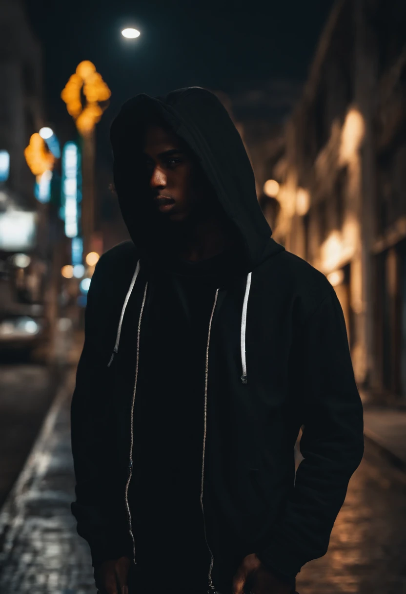 Personagem negro de 15 anos, com cabelo preto curto. Wears black hoodie and jeans. Usa celular preto com tela grande e adesivo de hacker. It's standing on a dark street, olhando para o celular, ((estilo anime)), (anime style)