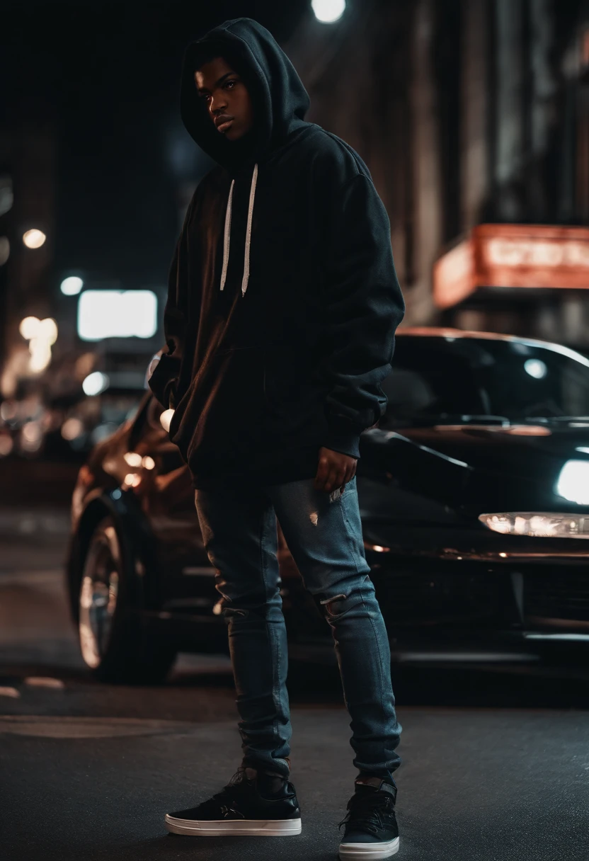 Personagem negro de 15 anos, com cabelo preto curto. Wears black hoodie and jeans. Usa celular preto com tela grande e adesivo de hacker. It's standing on a dark street, olhando para o celular, ((estilo anime)), (anime style)
