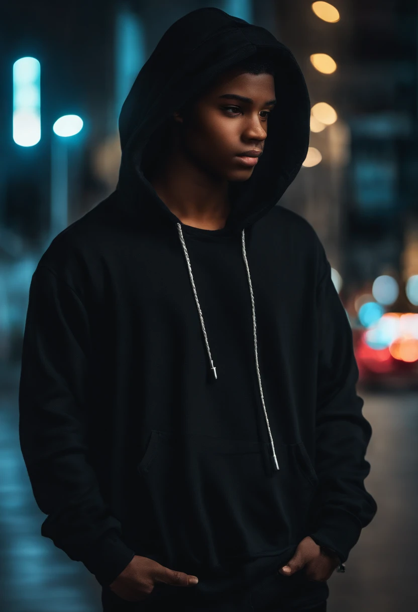 Personagem negro de 15 anos, com cabelo preto curto. Wears black hoodie and jeans. Usa celular preto com tela grande e adesivo de hacker. It's standing on a dark street, olhando para o celular, ((estilo anime)), (anime style)