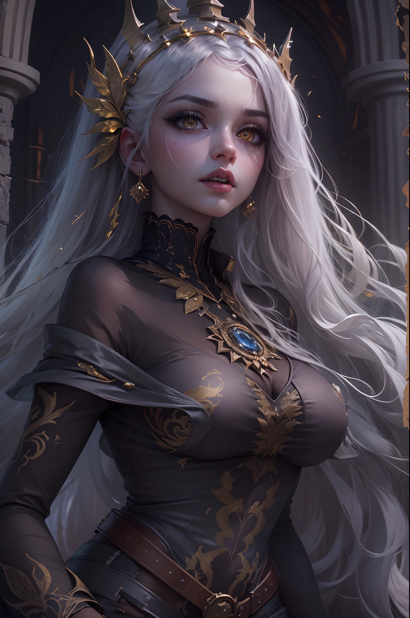 (extremely detailed CG unity 8k wallpaper), (masterpiece), (best quality:1.2), (highres), (illustration:1.1), (cinematic light:1.1), finely detailed, intricate details, (best illustration), 8k resolution, intricate details, best quality, realistic, ultra-detailed, best illumination, best shadow, ultra-HD, cryengine, ultra hd, (detailed reflection), detailed shadows, (((intricate details))), smooth, ((perfect shading)), high quality metal texture, metallic luster, highly detailed illustration, (semi realistic:1.6), (wide_shot:1.2), (from below, dutch_angle), dutch angle,(face to below knee:1.3), ((dark)), dark_fantasy, perfect fingers, hyper details, cutest, solo female, (silver white hair:1.2), absurdly long hair, asymmetrical bangs, (golden eyes:1.4), (finely_detailed_beautiful_eyes_and_detailed_face:1.4), (pale skin), , (vampire:1.3), (naked, over knee stocking), (choker), big breasts, thin legs, (fangs:1.2),laying on bed, pale skin, (full body:1.45), (inside of abandoned castle:1.3), (full moon), dark atmosphere, complicated background, dynamic camera angle, blood rain behind, (warzone), (((high quality detailed ruins))), (depth of field), ((cinematic lighting)), ((horror)), ((dark fantasy)), lovecraftian, spot color, monotone, (best illumination), (hyper intricate details), ((ultra-detailed)), 4k unity, (extremely detailed CG:1.2), (8k:1.1), ((landscape view)), Artstation, ((by sui ishida, by Wenjun Lin, by stefan morrell)), dark fantasy art, ((semi-realistic)), (realism), (dynamic), (RFKTR_bontrex-150:0.5), (nixeu_basic2:0.5)