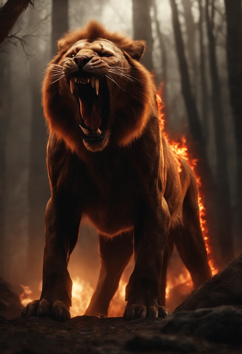 Strange monsters in a fantasy world,sabertooth tiger,long canine teeth,Strong limbs,Covered in flames,Blood,Covered with thick spikes,Moon Night,中景 the scene is,Full body like, highly detailed surreal vfx,oc rendered,Shot with 70 mm - AR 16:9 --q 2 --s 1000