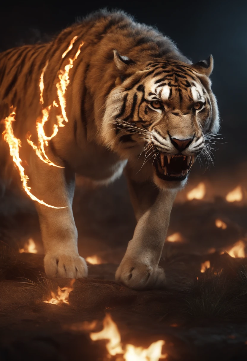 Strange monsters in a fantasy world，sabertooth tiger，long canine teeth，Strong limbs，Covered in flames，Blood，Covered with thick spikes，Moon Night，中景 the scene is，Full body like， highly detailed surreal vfx，oc rendered，Shot with 70 mm - AR 16:9 --q 2 --s 1000