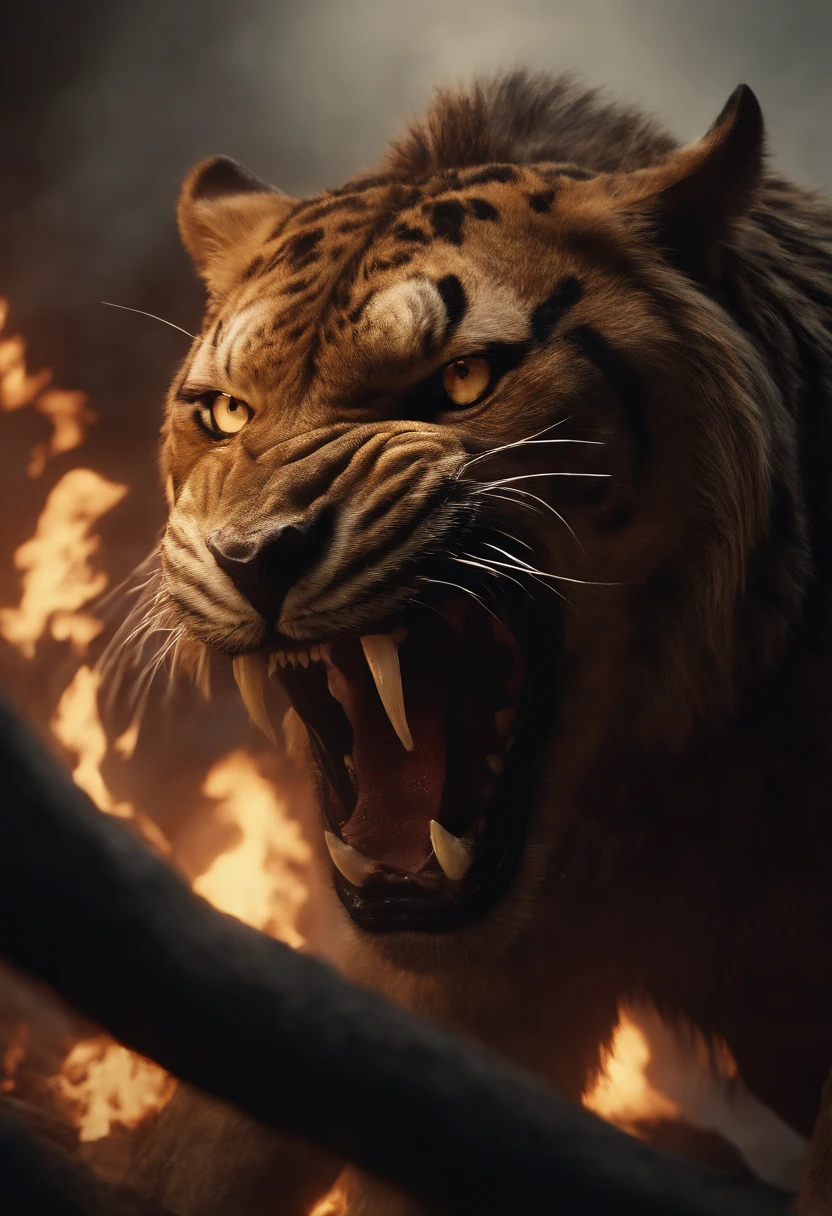 Strange monsters in a fantasy world,sabertooth tiger,long canine teeth,Strong limbs,Covered in flames,Blood,Covered with thick spikes,Moon Night,中景 the scene is,Full body like, highly detailed surreal vfx,oc rendered,Shot with 70 mm - AR 16:9 --q 2 --s 1000