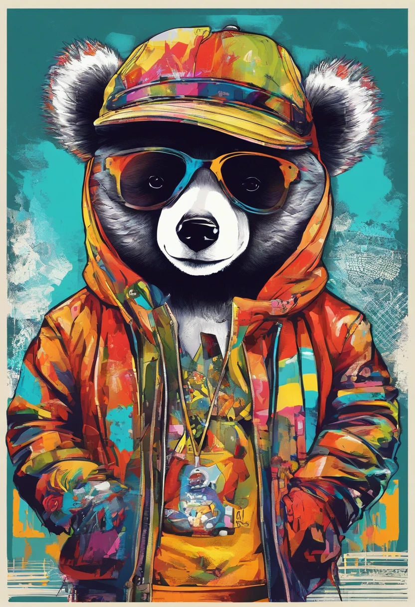 A painting of a cool bear in a hat,Popular at the art station,dressed in punk clothing,Detailed, ultra-realistic rendering,British gang members,Street style,intimidating pose,planet of cats,Stylish clothes,urbansamurai,Mewtwo,West Slavic features,8 1 5,Animate