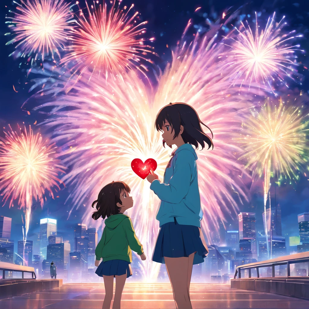 garoto e um agaroto , primeira beijo, na cidade, with fireworks in the shape of a heart, neon, olhos azul e verde, cabelo ruivo e loiro, roupas lindas coloridas