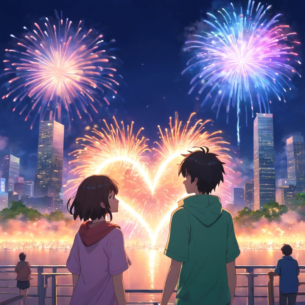 garoto e um agaroto , primeira beijo, na cidade, with fireworks in the shape of a heart, neon, olhos azul e verde, cabelo ruivo e loiro, roupas lindas coloridas