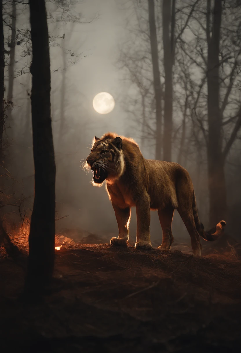 Strange monsters in a fantasy world,sabertooth tiger,long canine teeth,Strong limbs,Covered in flames,Blood,Covered with thick spikes,Moon Night,中景 the scene is,Full body like, highly detailed surreal vfx,oc rendered,Shot with 70 mm - AR 16:9 --q 2 --s 1000
