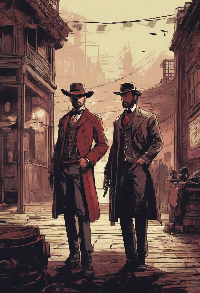 (best quality, 4k, highres, masterpiece:1.2), (realistic:1.37), ultra-detailed, Red Dead Redemption 2 art style, Pinkerton detective, Pinkerton detective in a suit, western town of Saint Denis in 1907, dimly lit room, six Pinkerton agents standing around a table, Pinkerton detective's office, black suits.six pinkerton detectives, 6men,interior scene