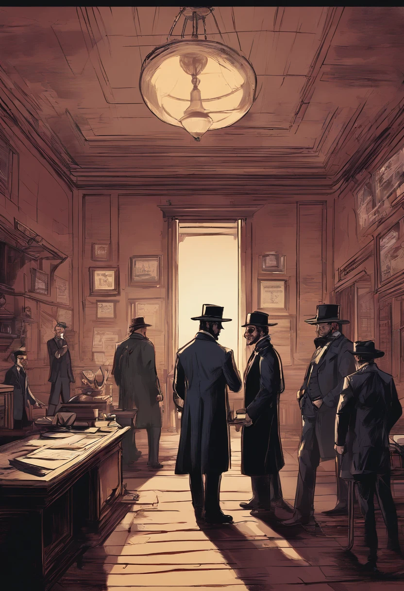 (best quality, 4k, highres, masterpiece:1.2), (realistic:1.37), ultra-detailed, Red Dead Redemption 2 art style, Pinkerton detective, Pinkerton detective in a suit, western town of Saint Denis in 1907, dimly lit room, six Pinkerton agents standing around a table, Pinkerton detective's office, black suits.six pinkerton detectives, 6men