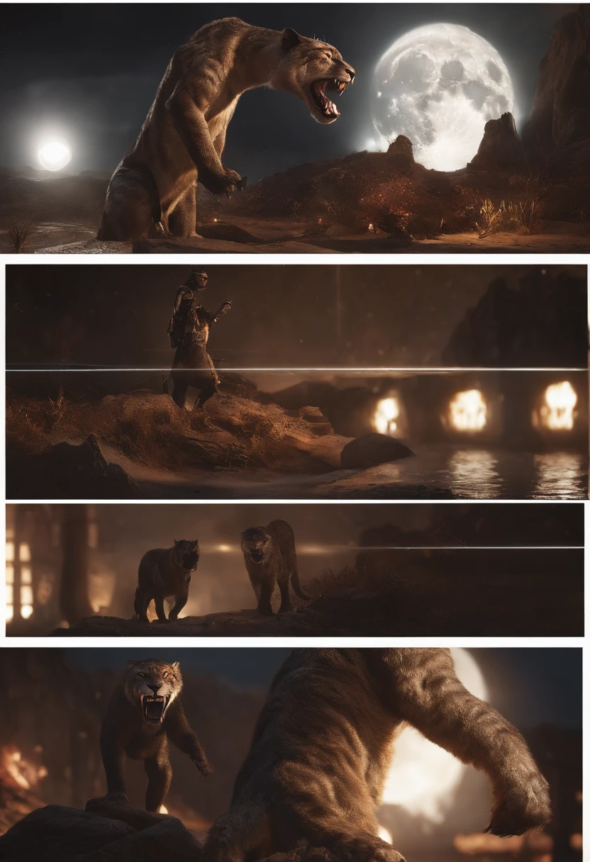 Strange monsters in a fantasy world，sabertooth tiger，long canine teeth，Strong limbs，Covered in flames，Blood，Covered with thick spikes，Moon Night，中景 the scene is，Full body like， highly detailed surreal vfx，oc rendered，Shot with 70 mm - AR 16:9 --q 2 --s 1000