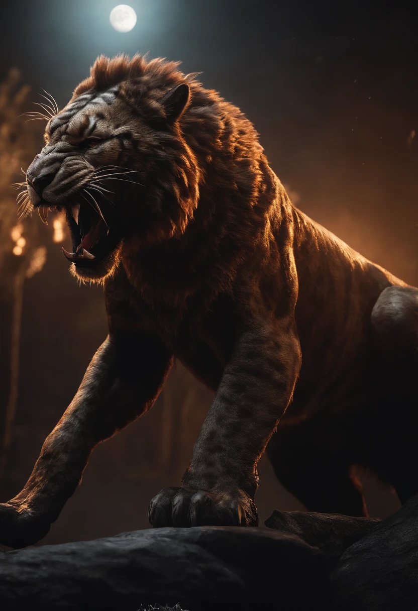 Strange monsters in a fantasy world，sabertooth tiger，long canine teeth，Strong limbs，Covered in flames，Blood，Covered with thick spikes，Moon Night，中景 the scene is，Full body like， highly detailed surreal vfx，oc rendered，Shot with 70 mm - AR 16:9 --q 2 --s 1000