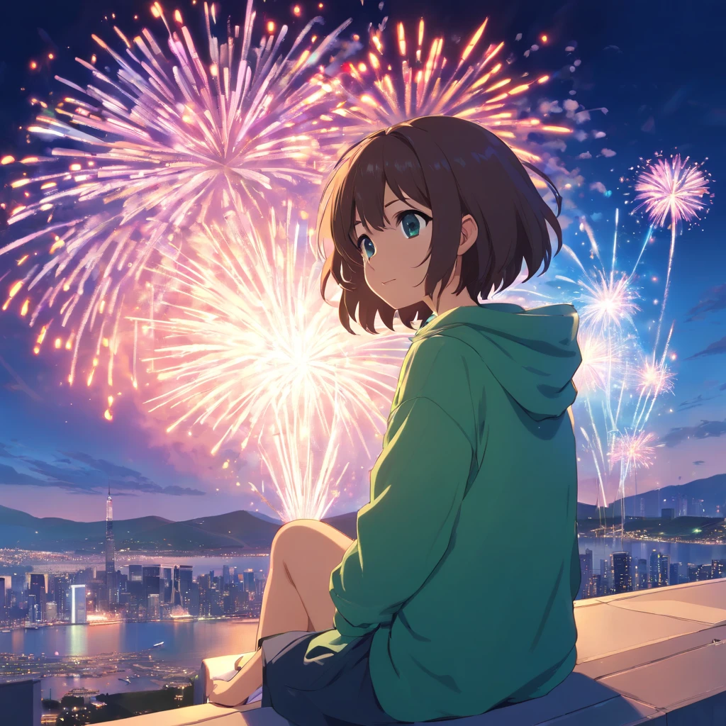 garota e um garoto , primeira beijo, na cidade, with fireworks in the shape of a heart, neon, olhos azul e verde, cabelo ruivo e loiro, roupas lindas coloridas