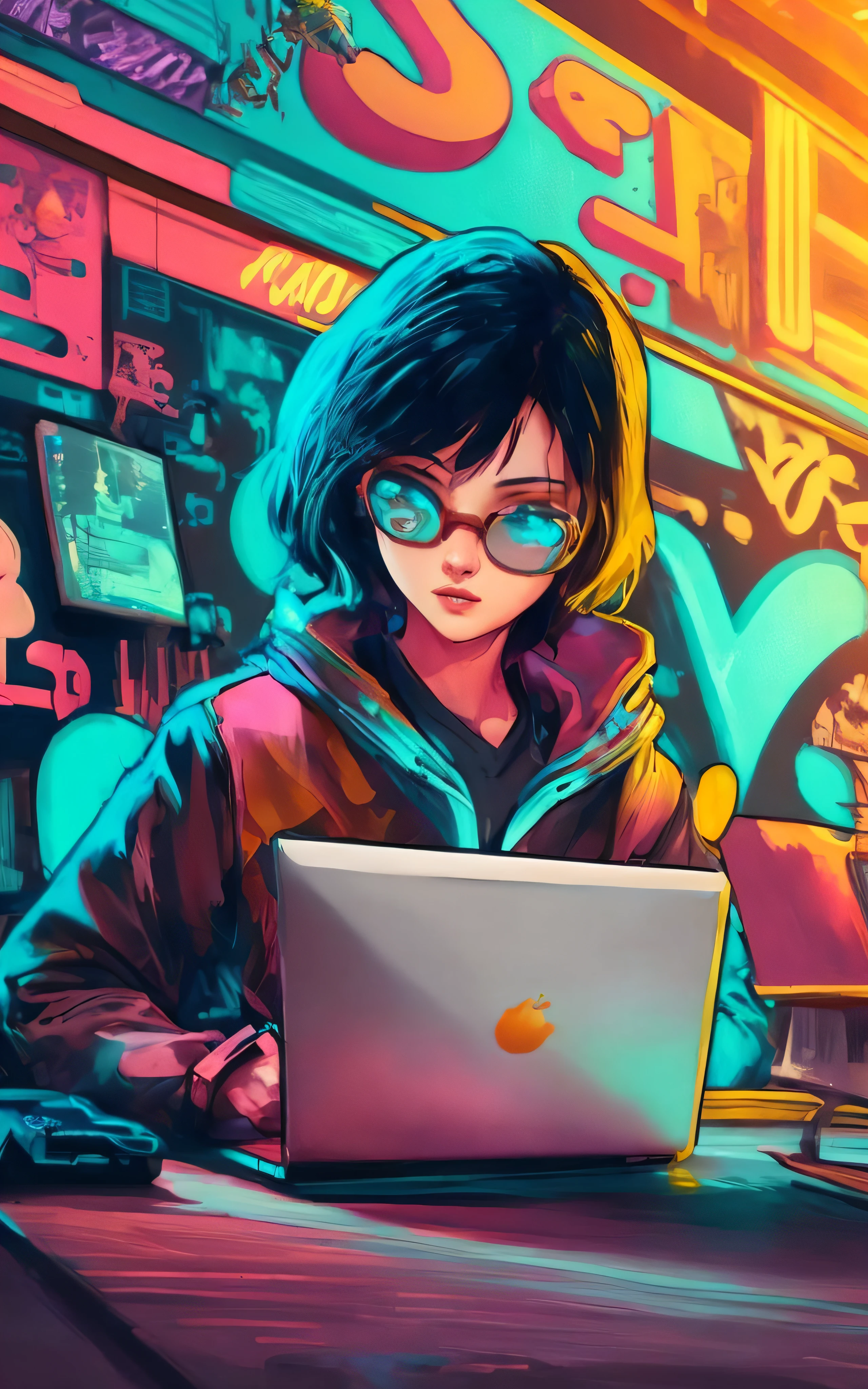 um close up de uma pessoa sentada em uma mesa com um laptop, inspirado em Liam Wong, estilo de arte cyberpunk, estilo de arte digital, estilo de arte cyberpunk, arte digital do anime cyberpunk, cyberpunk digital - arte de anime, in illustration style digital, No estilo de Cyril Rolando, Directed by: Liam Wong, no estilo cyberpunk, Cybernetic style, inspirado em Cyril Rolando