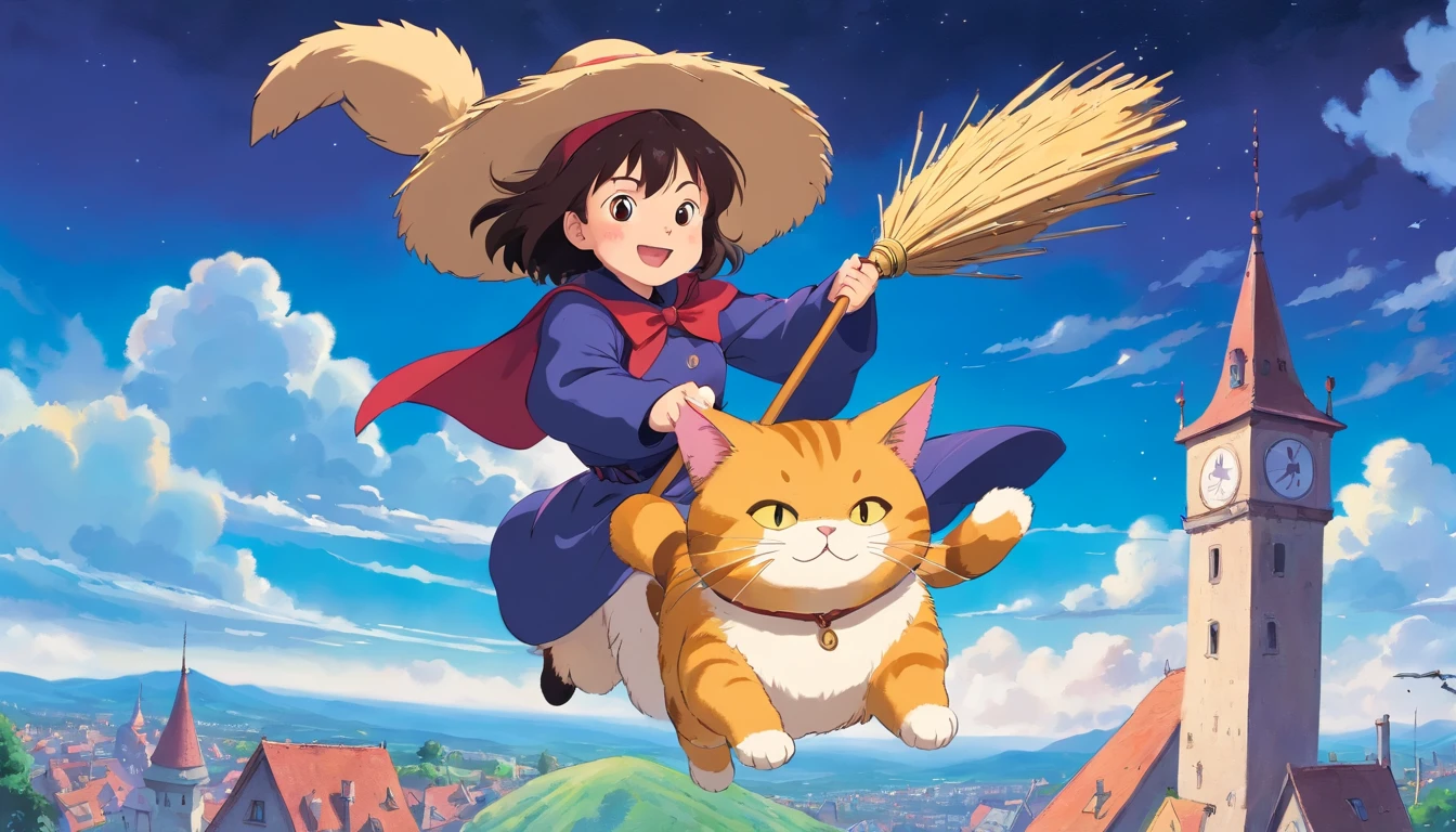 fantasy painting，Witch's Delivery Service,Girl flying in the sky straddling a broom,((Hugging a cute big fat cat))，Ghibli style,Career in Croatia