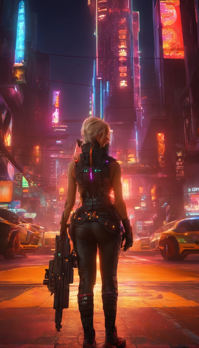 Cyberpunk style female warrior,A half-human, half-mechanized female warrior,Combat posture,majestic-looking,The feeling of moving forward,Stunning colors,Set in a futuristic cyberpunk style city,the street,The city crowd is full of people,(Movie lighting),(light and shadow effect),(unreal-engine),(Tyndall),(cinema4d),(Super futuristic fantasy style),(8k wallpaper),(tmasterpiece),(Photography Award),realisticlying