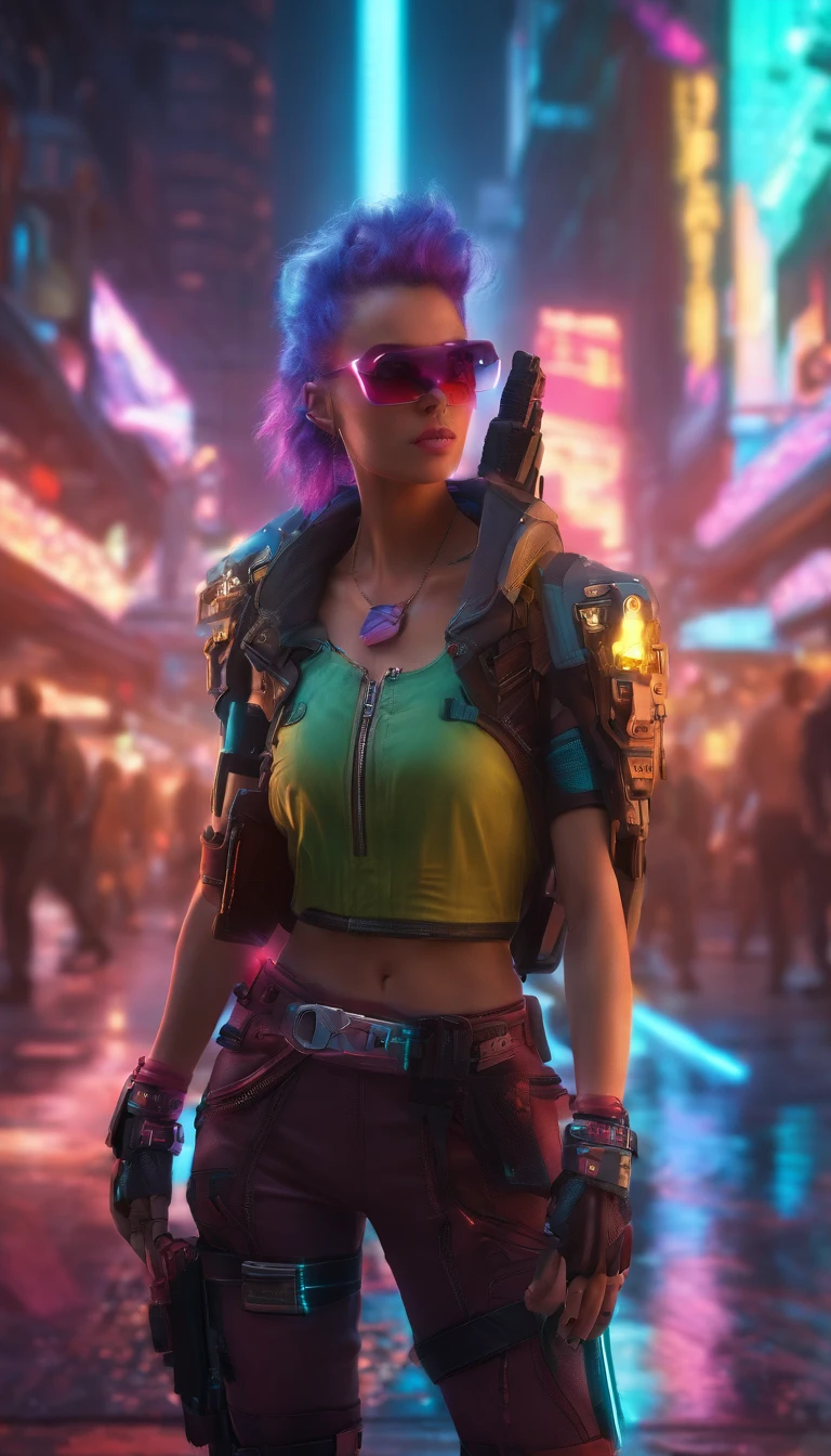 Cyberpunk style female warrior，A half-human, half-mechanized female warrior，Combat posture，majestic-looking，The feeling of moving forward，Stunning colors，Set in a futuristic cyberpunk style city，the street，The city crowd is full of people，（Movie lighting），（light and shadow effect），（unreal-engine），（Tyndall），（cinema4d），（Super futuristic fantasy style），（8k wallpaper），（tmasterpiece），（Photography Award），realisticlying