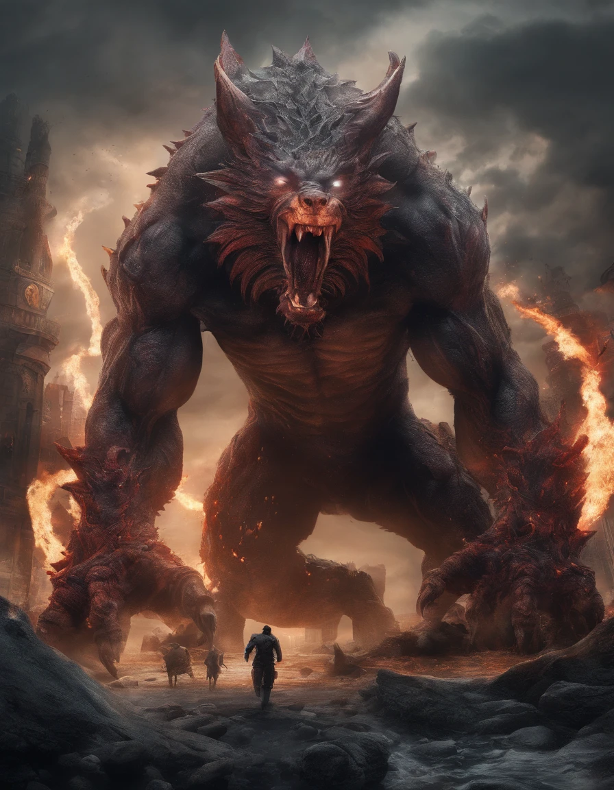 Strange beasts in a fantasy world,Blood,A giant hellwewolf covered in flames,Stout limbs,Strong muscles,broken castles,Burning flame,blood,Moon Night,中景 the scene is,Full body like, highly detailed surreal vfx,oc rendered,Shot with 70 mm - AR 16:9 --q 2 --s 1000