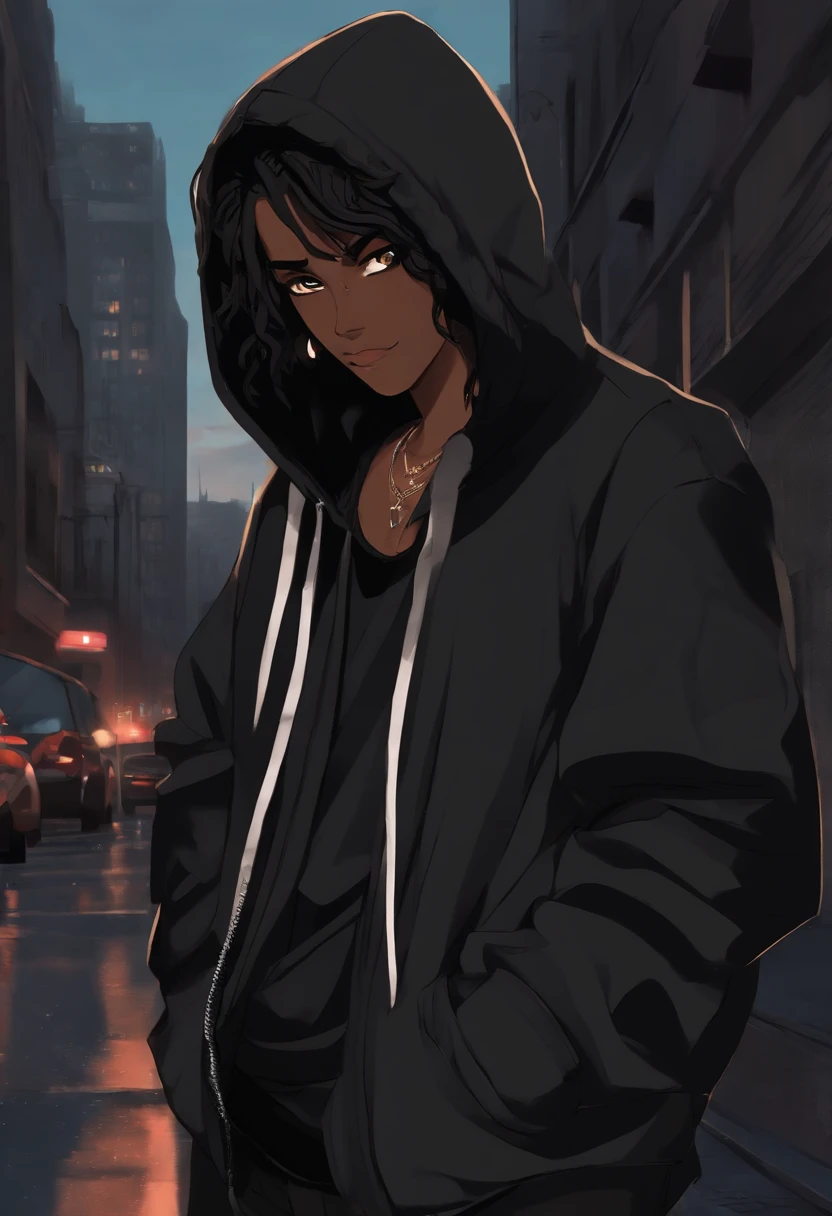 Personagem negro de 15 anos, com cabelo preto curto. Wears black hoodie and jeans. Usa celular preto com tela grande e adesivo de hacker. It's standing on a dark street, olhando para o celular, ((estilo anime)), (anime style), ((anime))