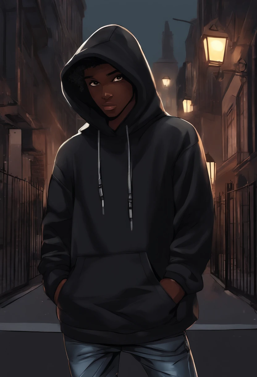 Personagem negro de 15 anos, com cabelo preto curto. Wears black hoodie and jeans. Usa celular preto com tela grande e adesivo de hacker. It's standing on a dark street, olhando para o celular, ((estilo anime)), (anime style), ((anime))