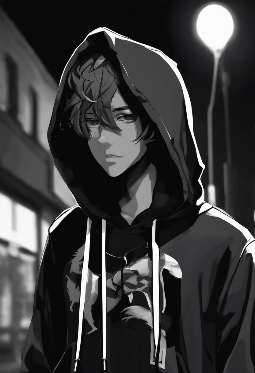 Personagem negro de 15 anos, com cabelo preto curto. Wears black hoodie and jeans. Usa celular preto com tela grande e adesivo de hacker. It's standing on a dark street, olhando para o celular, ((estilo anime)), (anime style), ((anime))