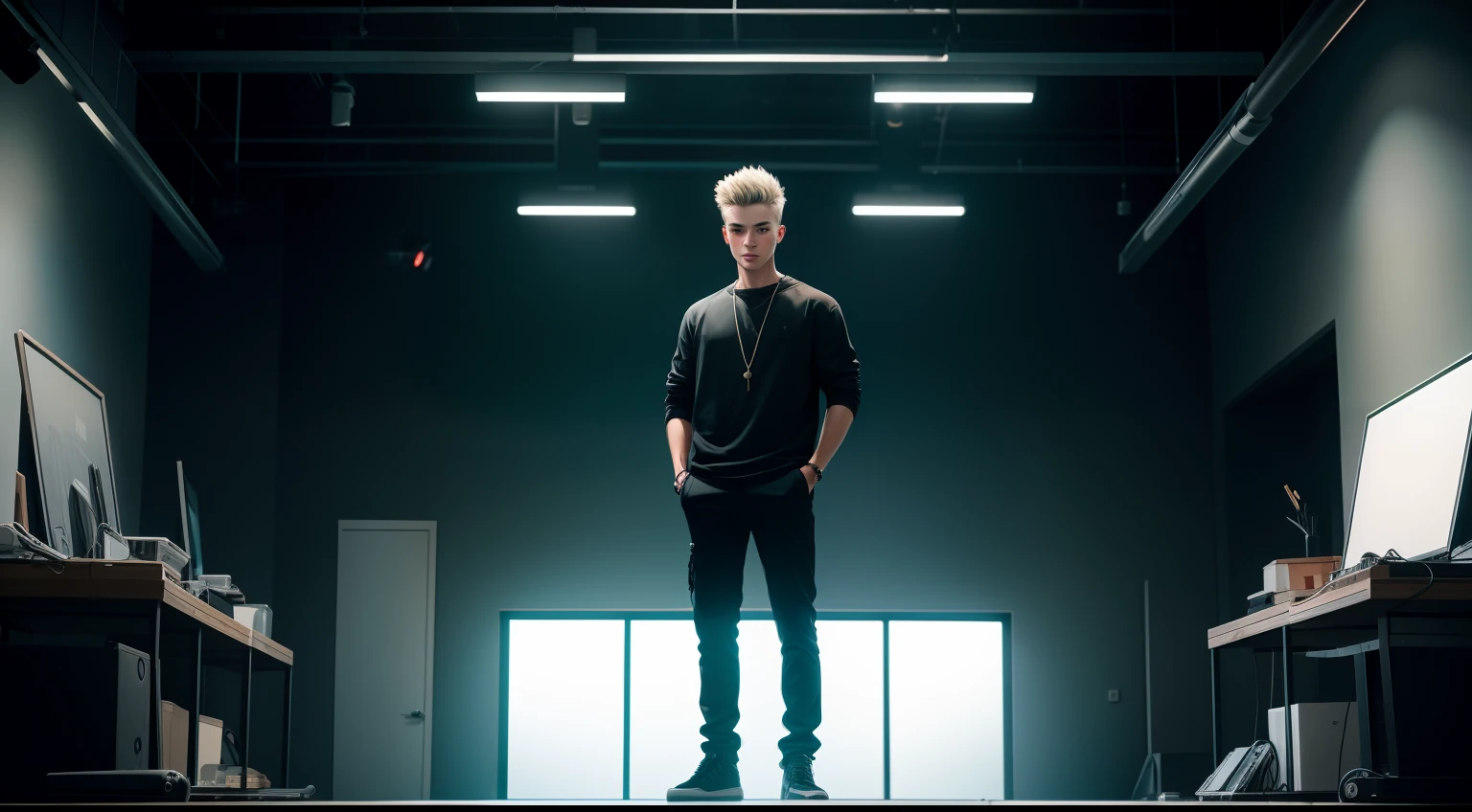 young man name urban legend with short spiky hair in Studio co seeing camera front standing alone show full body
