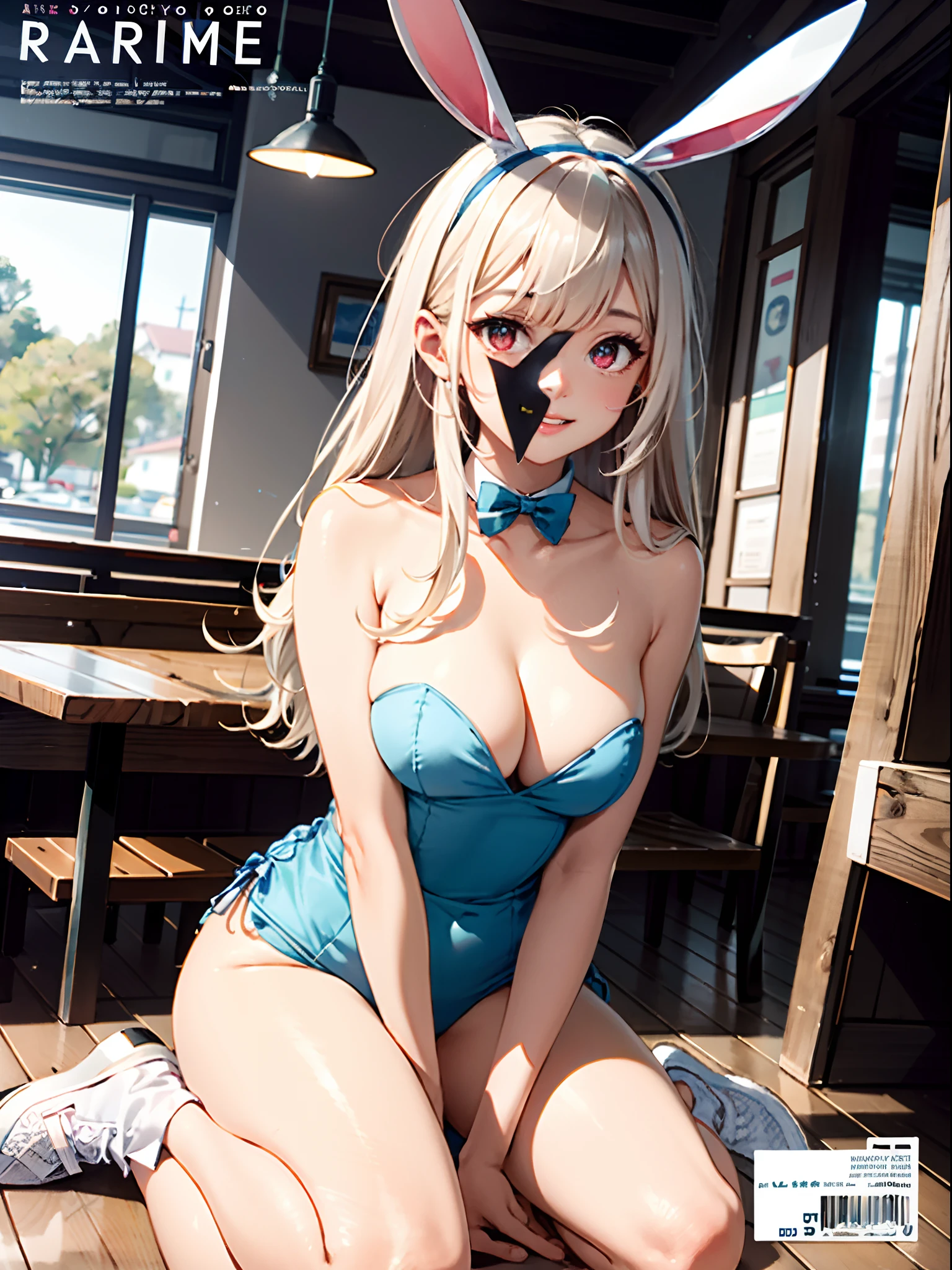 cinematic angle,{best quality}, {{masterpiece}}, {highres}, original, extremely detailed 8K wallpaper, 1girl, {an extremely delicate and beautiful},,ray tracing,coffee house,(magazine cover),（bunny girl）,solo,bunny_ears,hime_cut,white_hair,red eyes,smile,Glazed pupils,,Bunny Girl,(wariza),