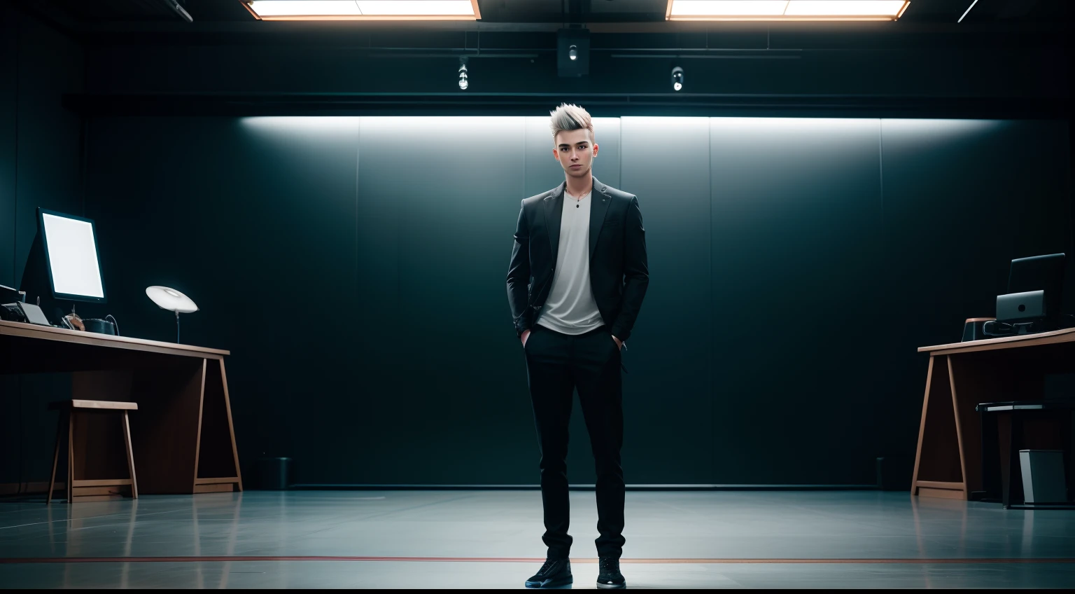 young man name urban legend with short spiky hair in Studio co seeing camera front standing alone show full body