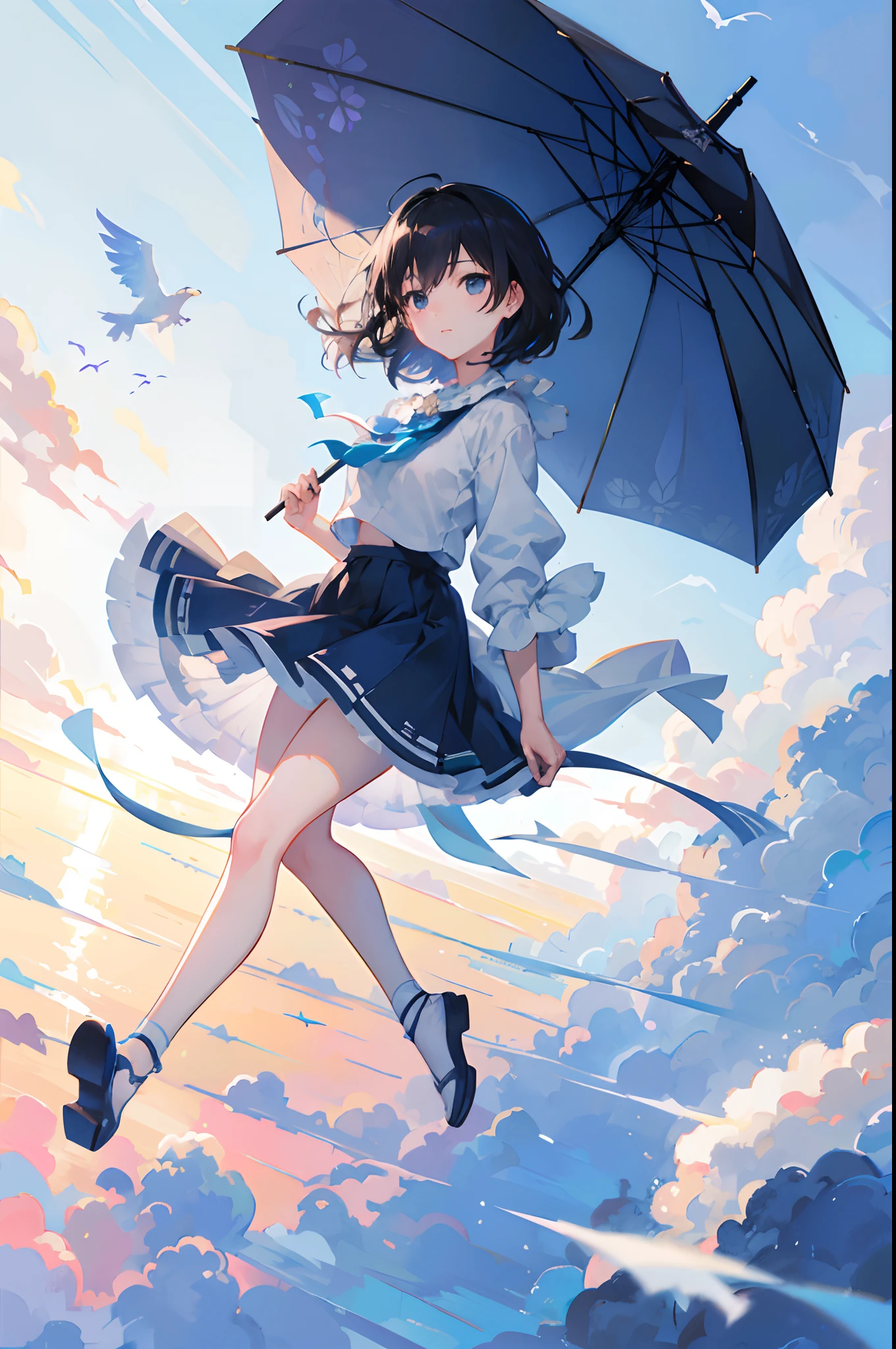 Create exquisite illustrations reminiscent of Makoto Shinkai's style, It has ultra-fine details and top-notch quality. Create an illustration of a girl soaring into the sky with an umbrella as a makeshift parachute. The sky above exudes a mesmerizingly whimsical, Nostalgic and serene atmosphere, As if drawn from a dream. Girl's legs are、Hang above the world below as you glide through the air, Umbrella swaying in the wind. It's a pure moment, Carefree adventure, Where imagination flies, And mediocrity will be extraordinary. This scene is、zora々Capturing the essence of wonder, The magic of flying, Eta、The timeless charm of a whimsical sky