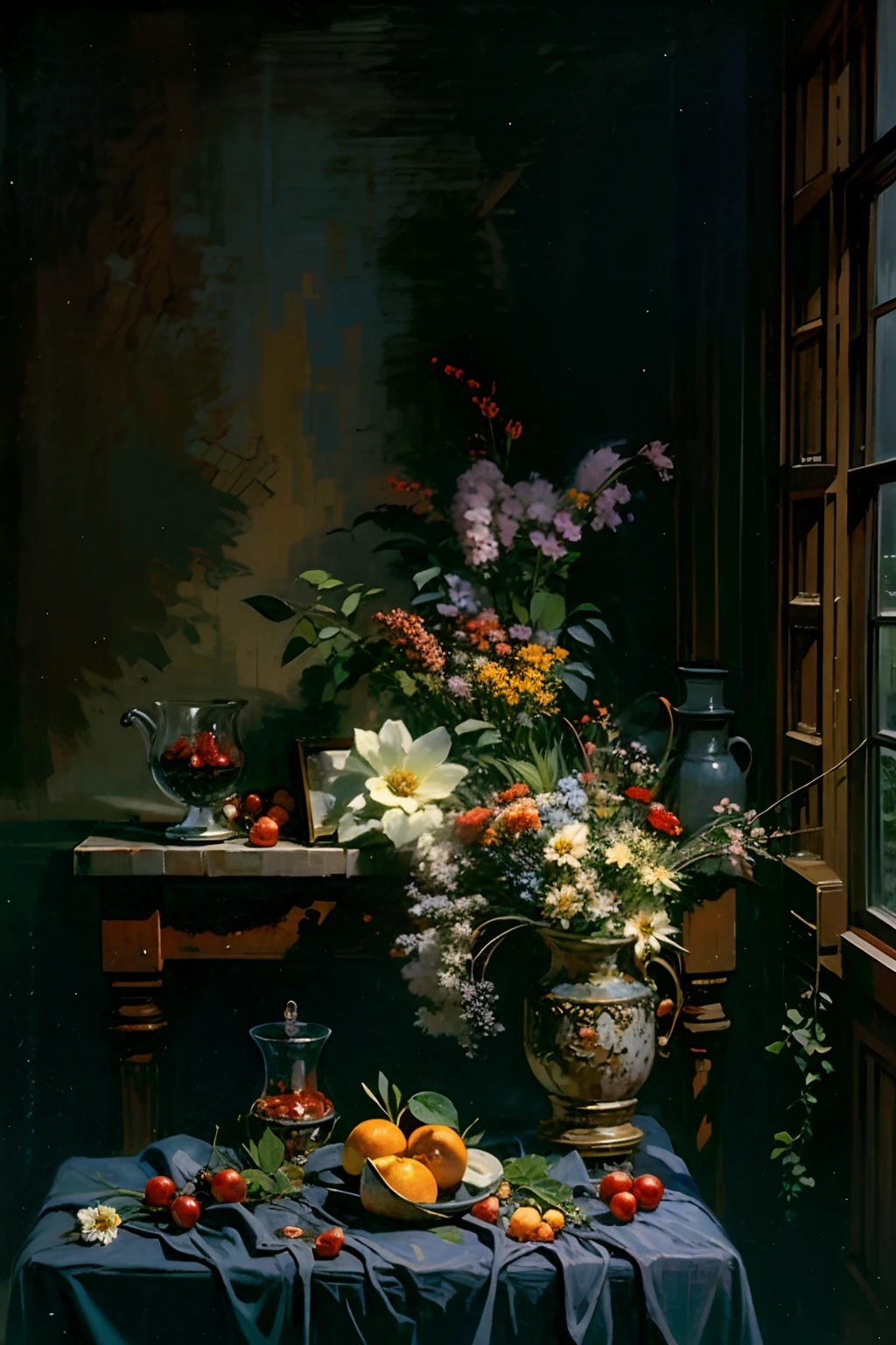 oil painting still life, in the historical interior environment, darkened room, cinematic lighting, contrast lighting, fruits and berries on a table, dark draped fabric, fruits and flowers on the table